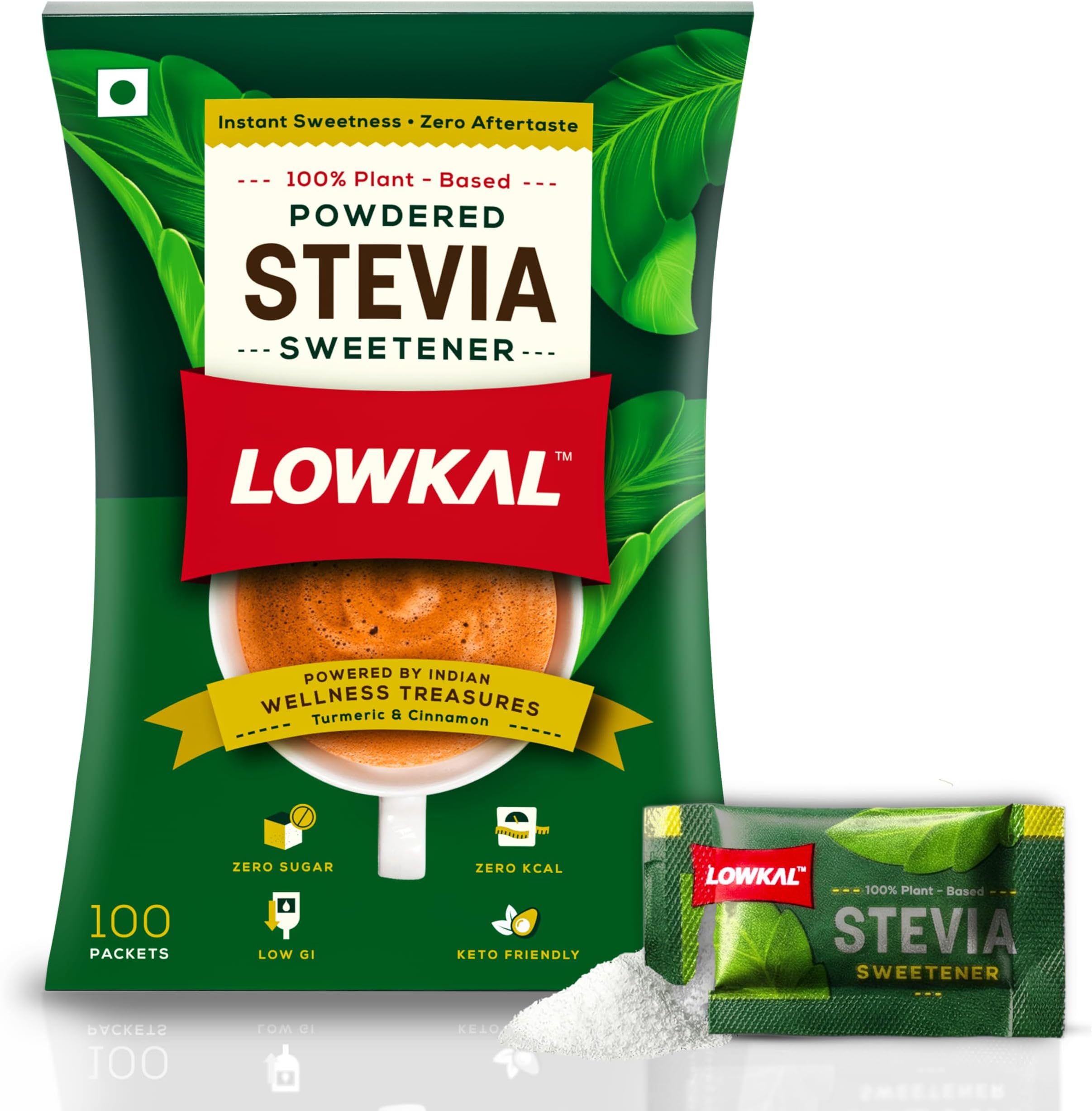 LowKal Stevia Sachets, 100 Count | Natural, Tastes Great, Ideal For Travel | No Sugar-Spike Ingredients | With Gut-Friendly Turmeric & Cinnamon | Stevia Powder Sachets | Sugarfree Stevia