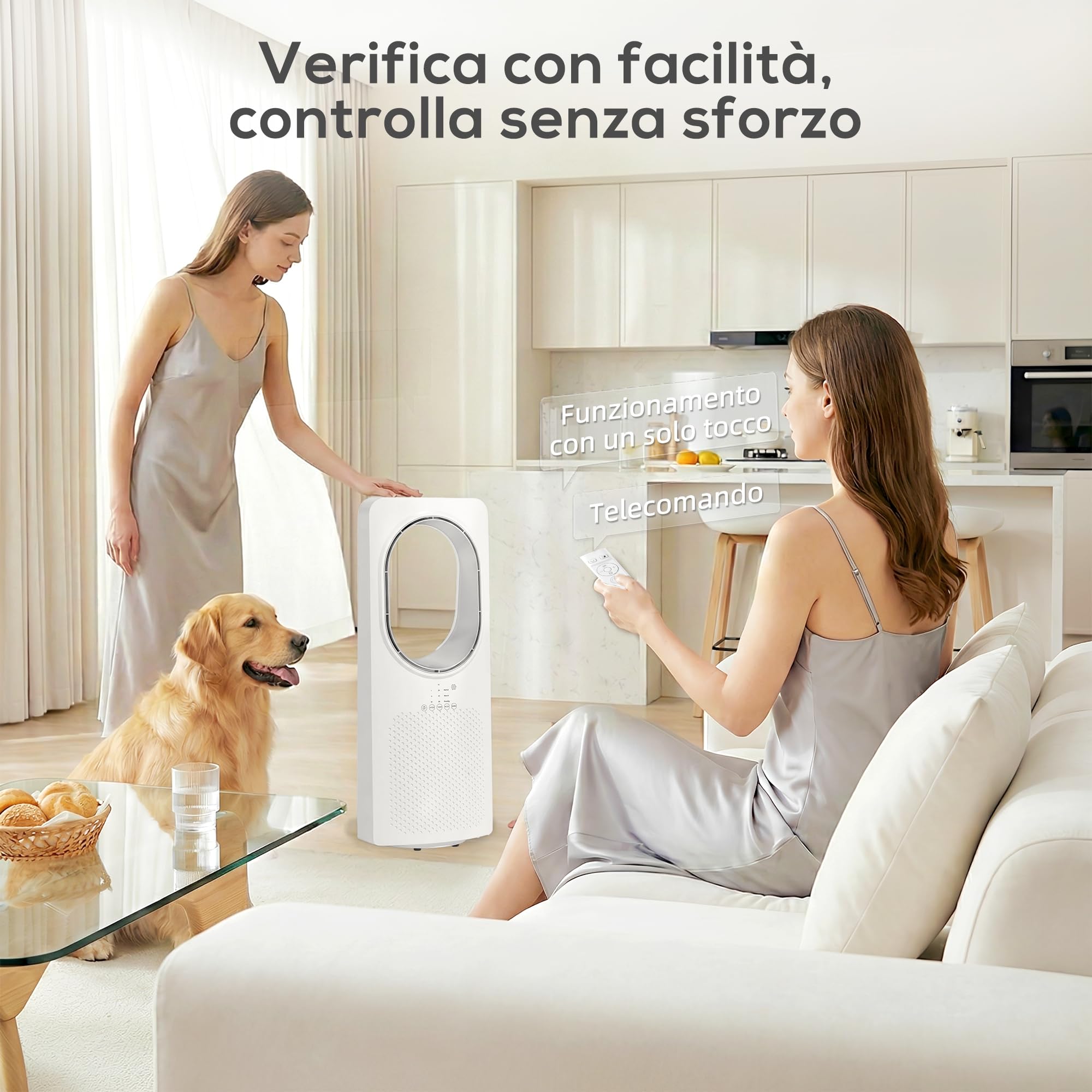 HOMCOM Ventilatore a Torre Senza Pale per Camera da Letto, Silenzioso 36dB, con Oscillazione a 45°, Luci LED, 3 Velocità, 3 Modalità, Timer 15 Ore, Telecomando, Bianco
