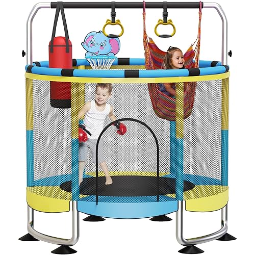 Trampoline for Kids, 60" Toddler Trampoline Indoor Outdoor, 440lbs KidsTrampoline with Enclosure Net, Upgraded Ring Legs with Adjustable Gymnastics Bar, Gifts for Ages 1-8 Boys&Girls