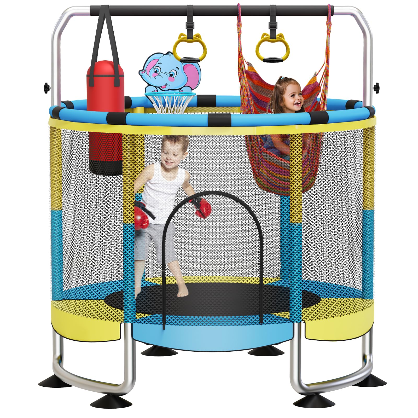 View 1 of 60" Trampoline for Kids with Enclosure Net, Toddler Trampoline Indoor Outdoor, 440lbs Capacity Kids Trampoline, Upgraded Ring Legs with Adjustable Gymnastics Bar&Toys, Gifts for Ages 1-8 Boys&Girls