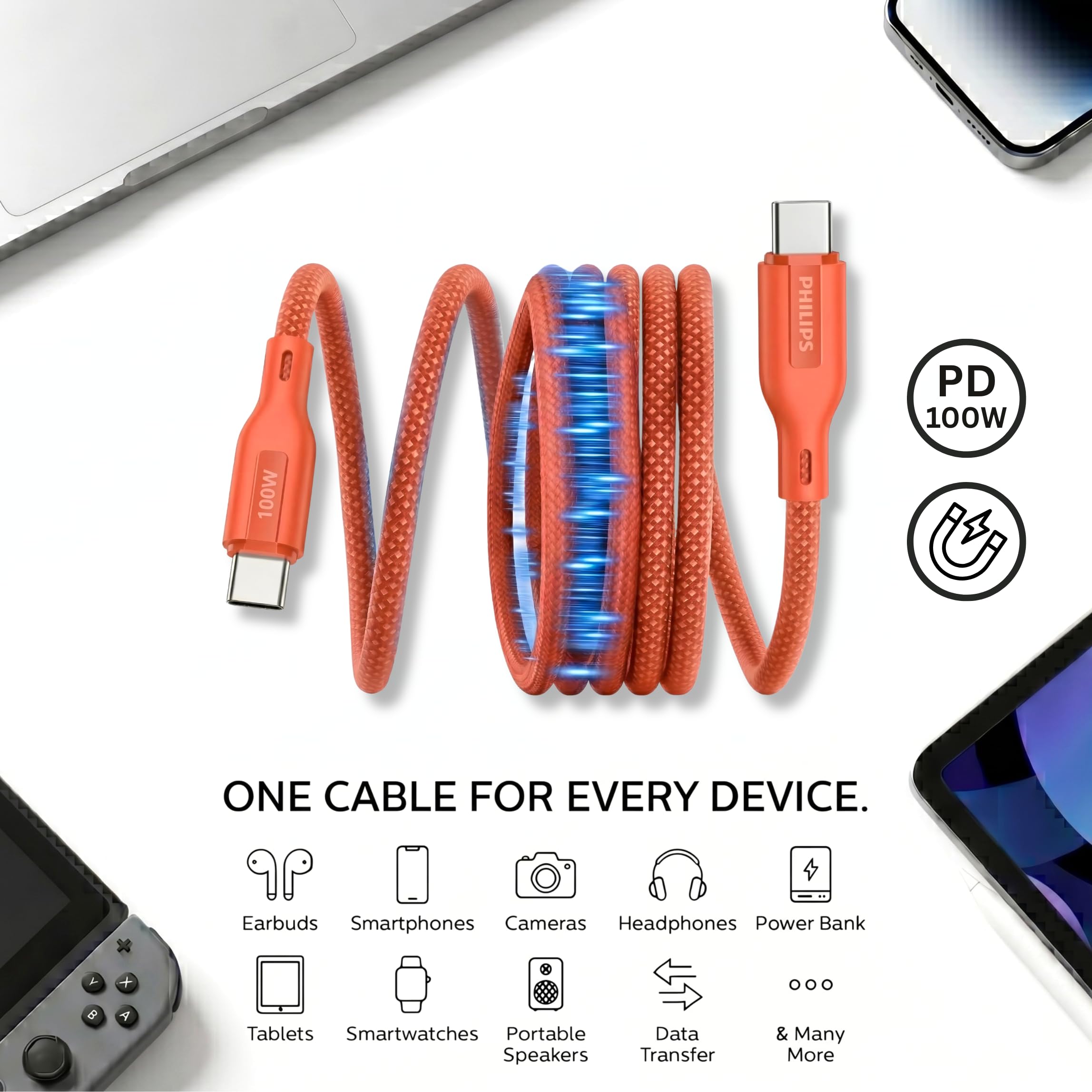 Philips 100W USB-C to USB-C Cable - Magnetic & Fast Charging -3 Philips 100W USB-C to USB-C Cable - Magnetic & Fast Charging -3
