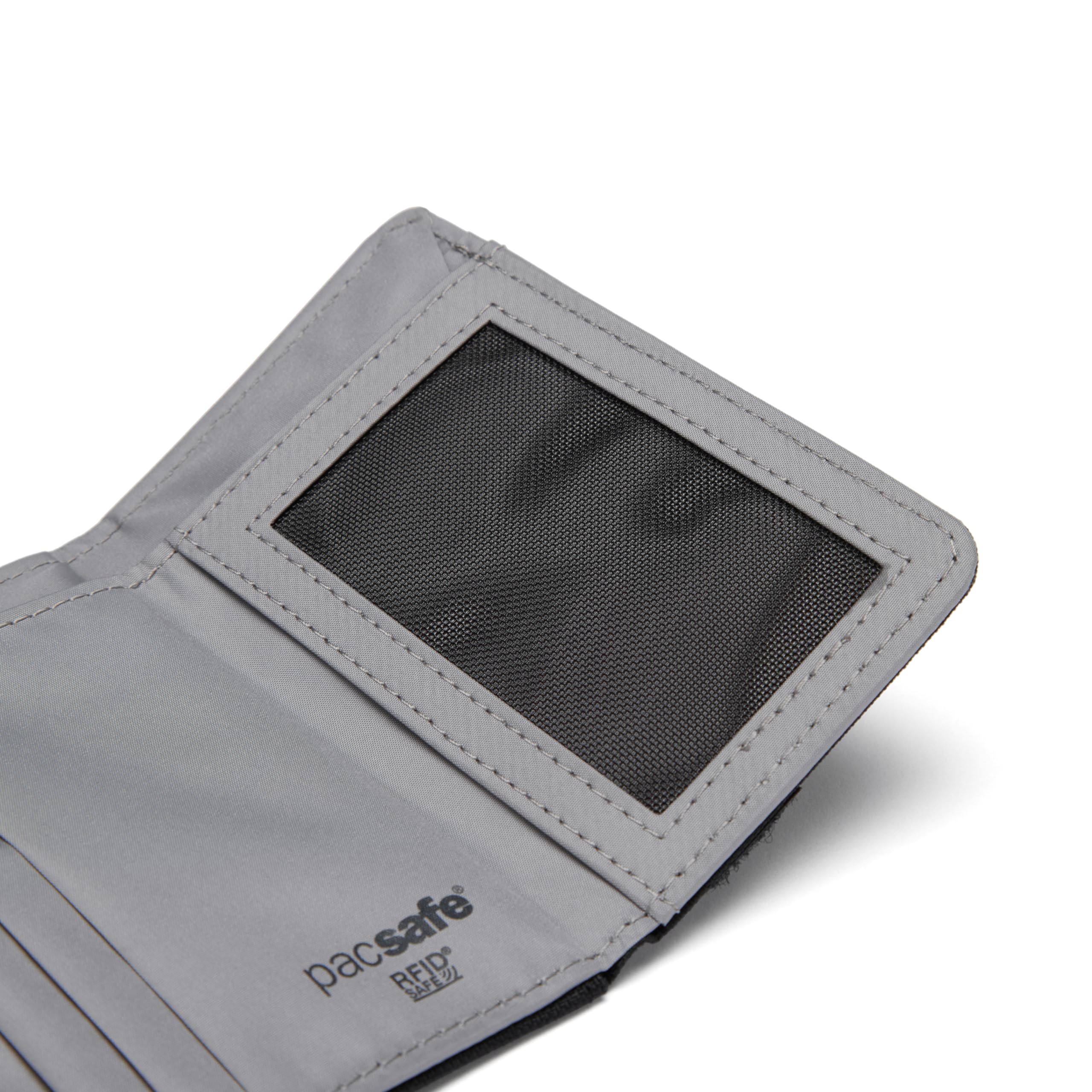 Pacsafe Męski składany portfel Rfidsafe blokujący RFID, kruczoczarny, jeden rozmiar, potrójnie składany portfel blokujący RFID Rfidsafe