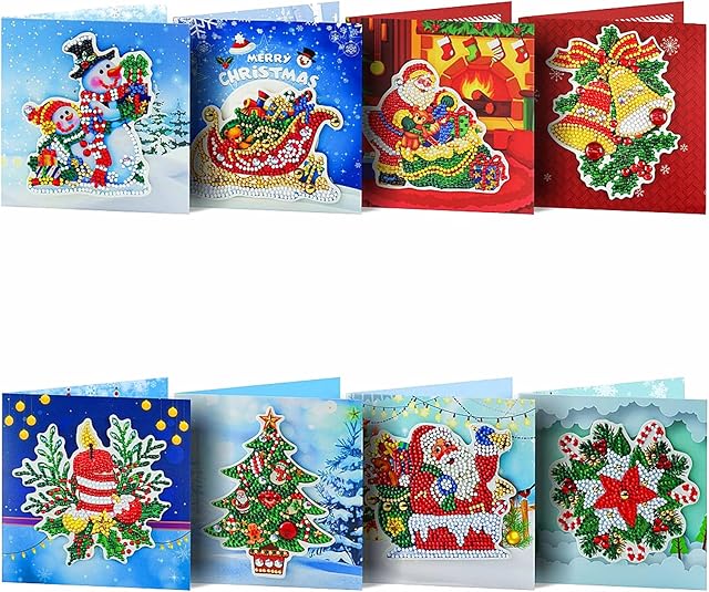 8 Pack 5D DIY Diamond Painting Greeting Cards for Adults Christmas Series Round Drill Crystal Art Craft Paint by Number Kits Gift Friends