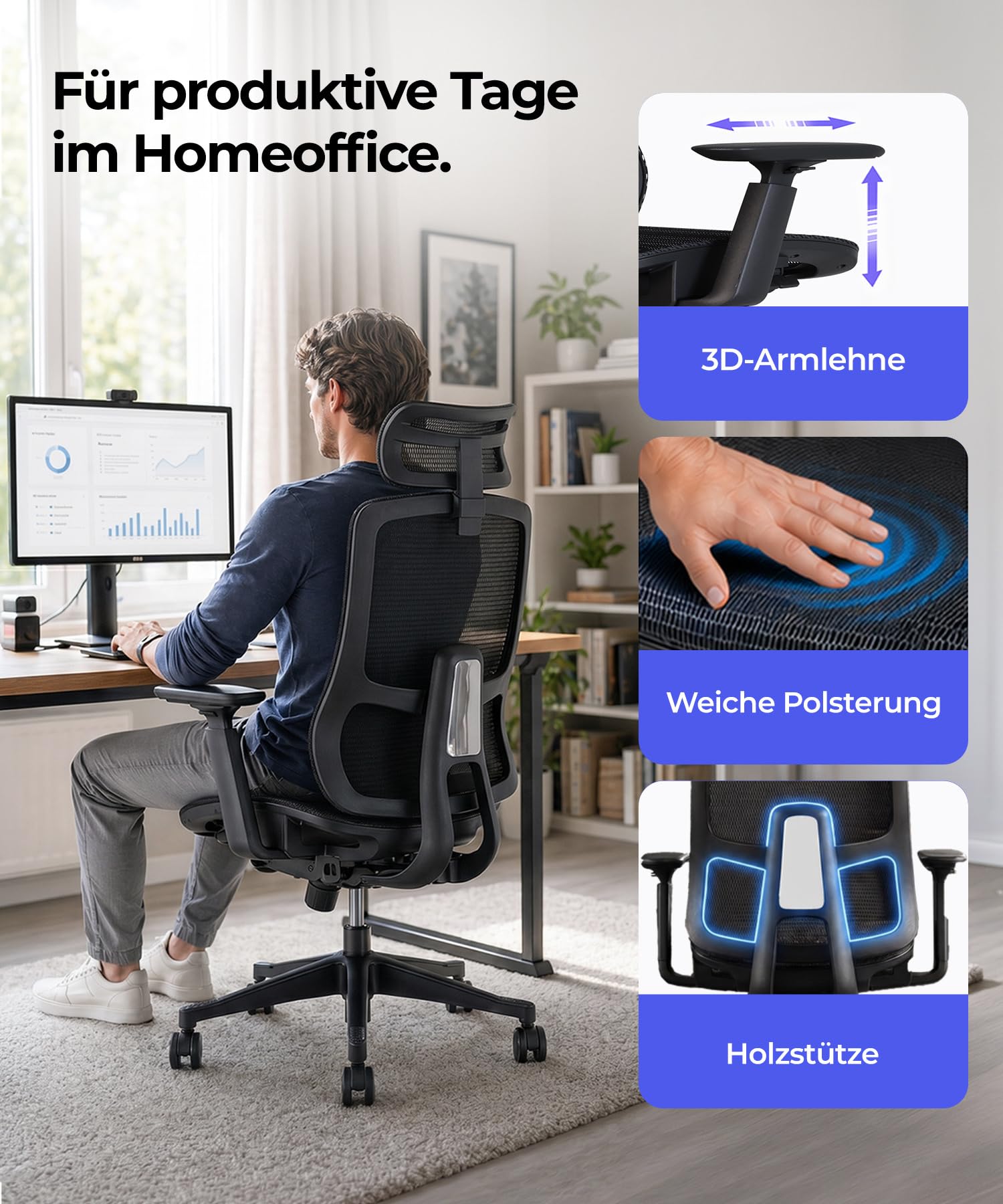 Stane Bürostuhl Ergonomisch - Pc Stuhl Mit Fußstütze - Schreibtisch Stuhl Mit Hoher Belastbarkeit (130 kg) - Elegant & Vielseitig (Netz)