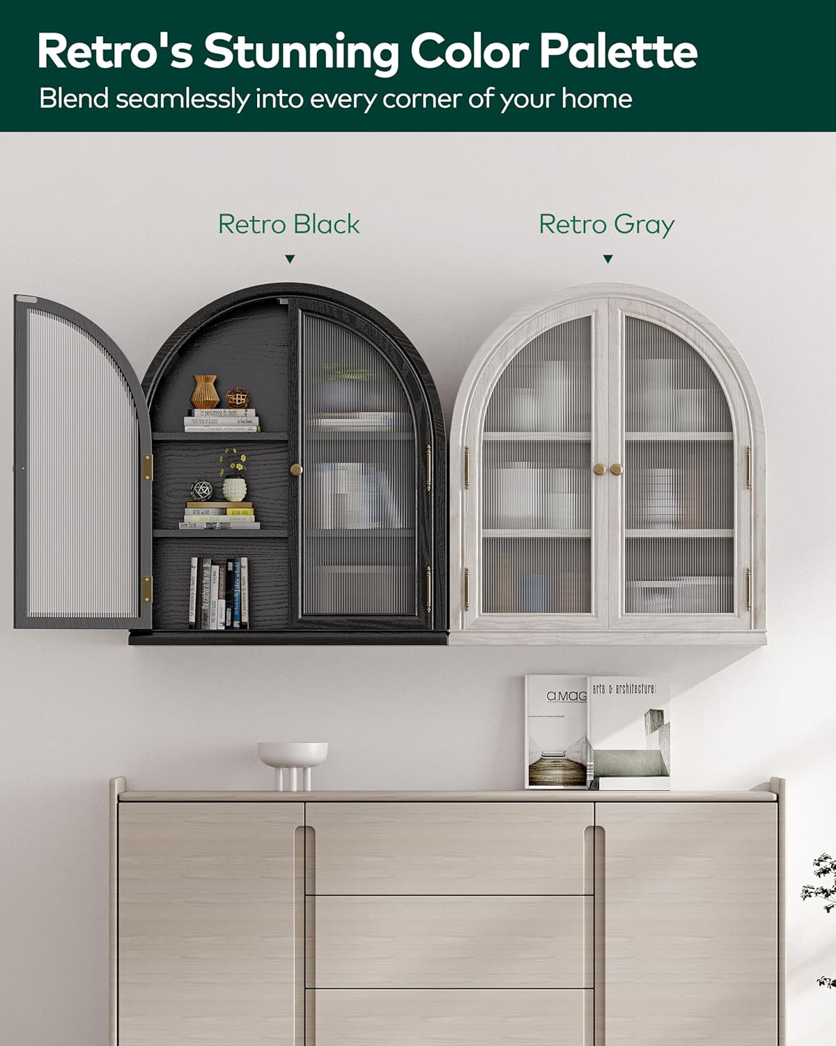 Chogori Arched Bathroom Wall Cabinet, 27x24x9 Inch Over The Toilet Storage Cabinet with Acrylic Doors & 3 Adjustable Shelves, Wall Mounted Cabinet for Bathroom, Kitchen, Laundry Room, Gray