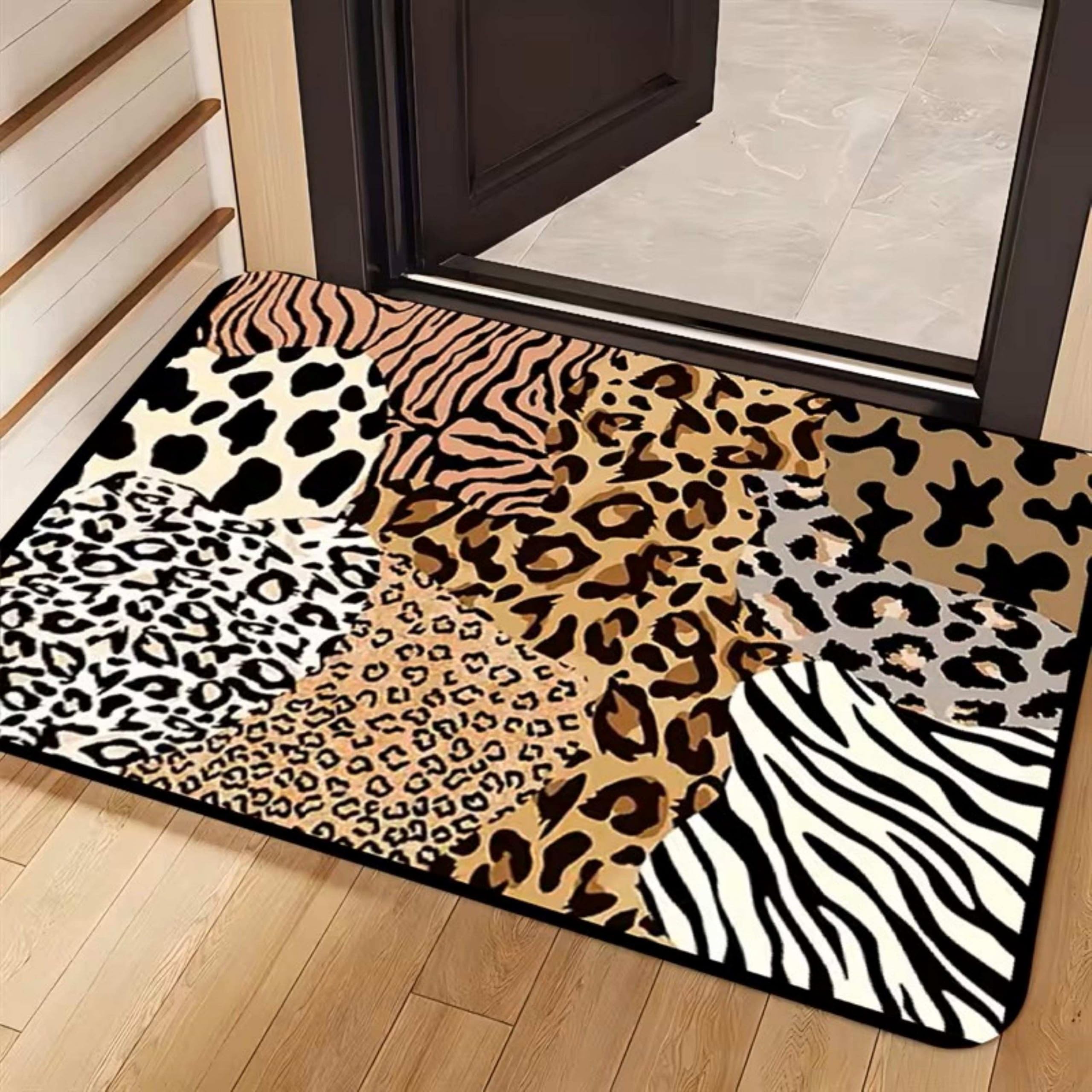 Animal-Print-Teppich 60x110cm, Patchwork aus Tiger-, Leoparden- und Zebramuster, rutschfest und langlebig, leicht zu reinigen, weicher Kurzflor-Teppich für Schlafzimmer und Wohnzimmer