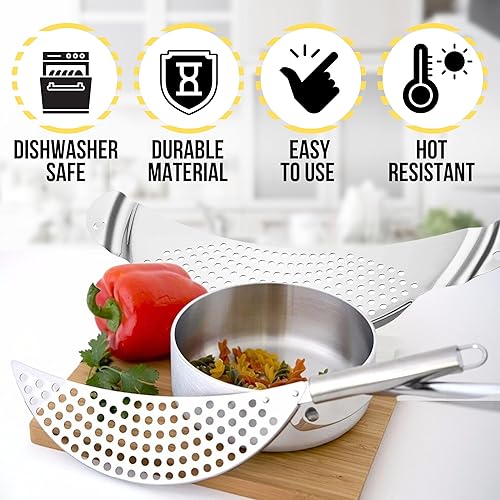 Miniatura 5 de Paquete de 2 coladores de olla con asa, colador de acero inoxidable de 10 pulgadas con mango de media luna, escurridor de olla de media luna,