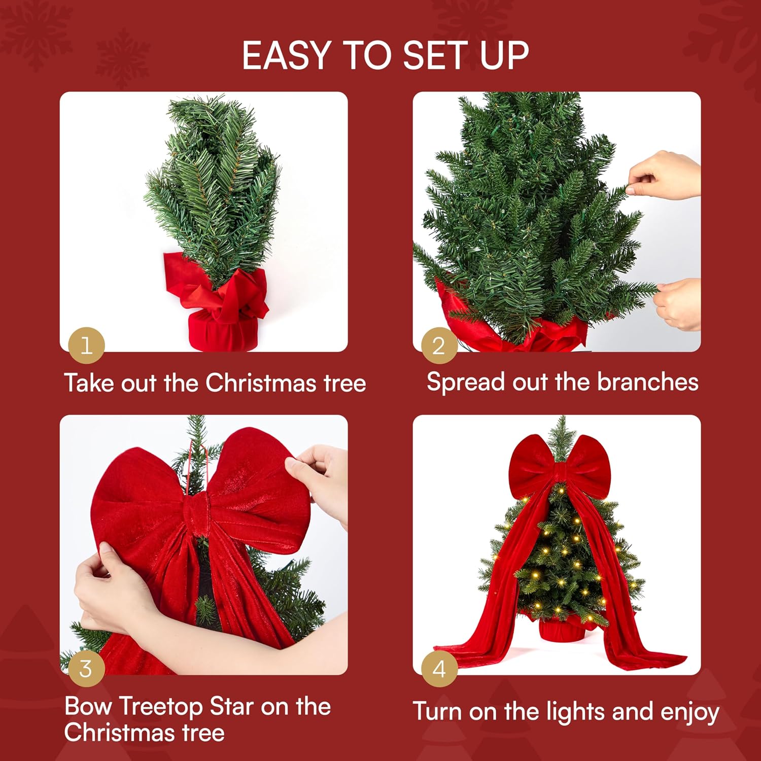 JOIEDOMI 24"/2FT Pre-lit Tree with Oversized Velvet Bow Topper Artificial Christmas Tabletop Tree with 98 PE & PVC Branch Tips 50 LED Lights, Battery Operated for Xmas Indoor Every Room Tree Decor