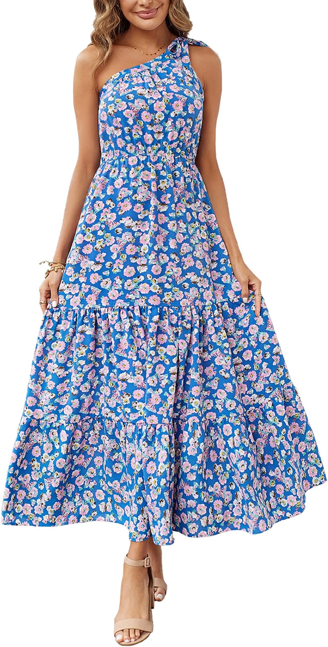 PRETTYGARDEN Women's Summer Floral One Shoulder Maxi Dress Knot Ruffle Boho Beach Vacation Wedding Guest Long Dresses
