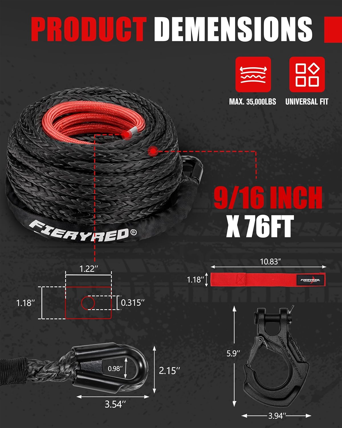 FIERYRED 9/16inch 76FT 35,000LBS Synthetic Winch Rope Cable Kit with Forged Hook and Strap, Winch Line Replacement for 9500-12000LBS Winch 4WD Off-Road Vehicle Jeep Truck SUV