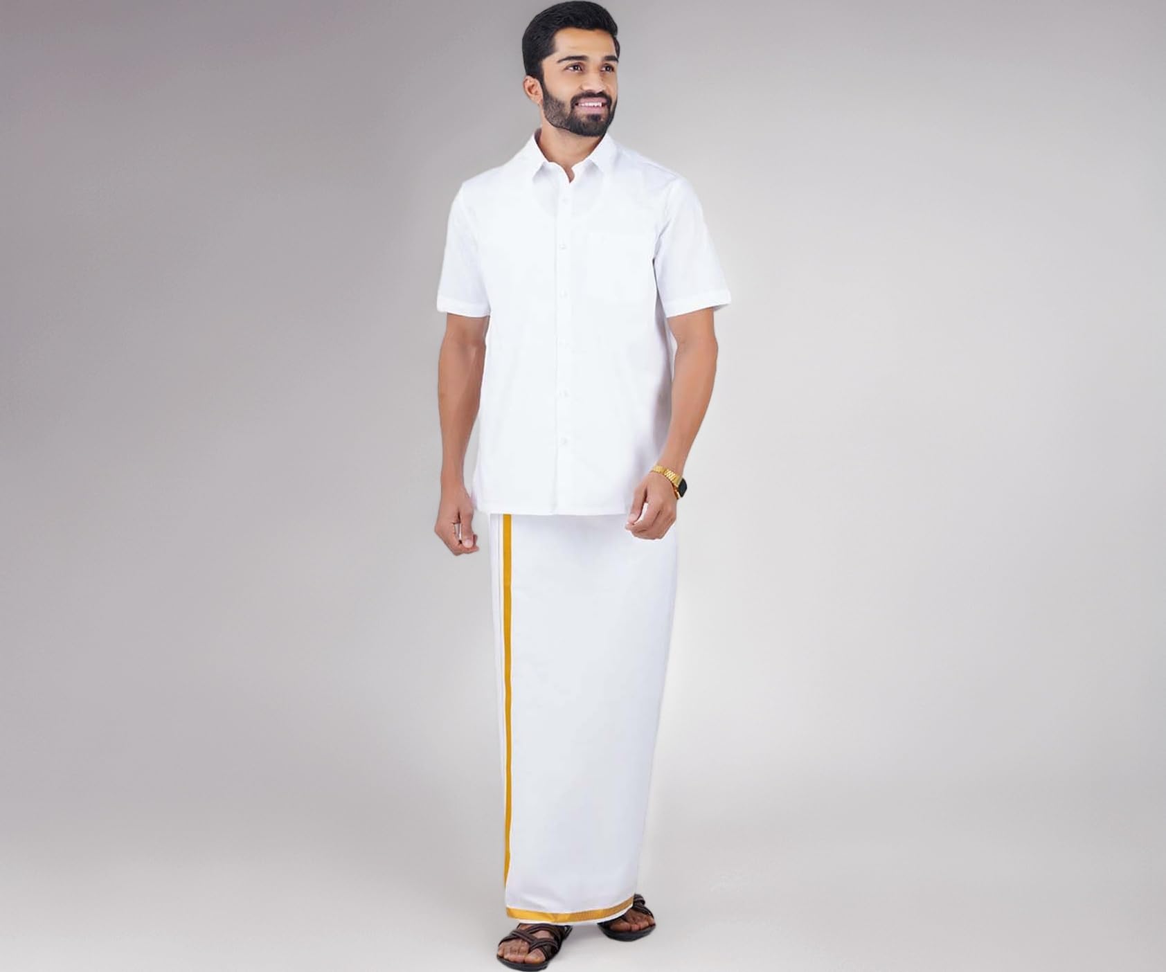 RAMRAJ COTTON Men’s Prestigious Half Sleeve Shirt with Border Dhoti Set