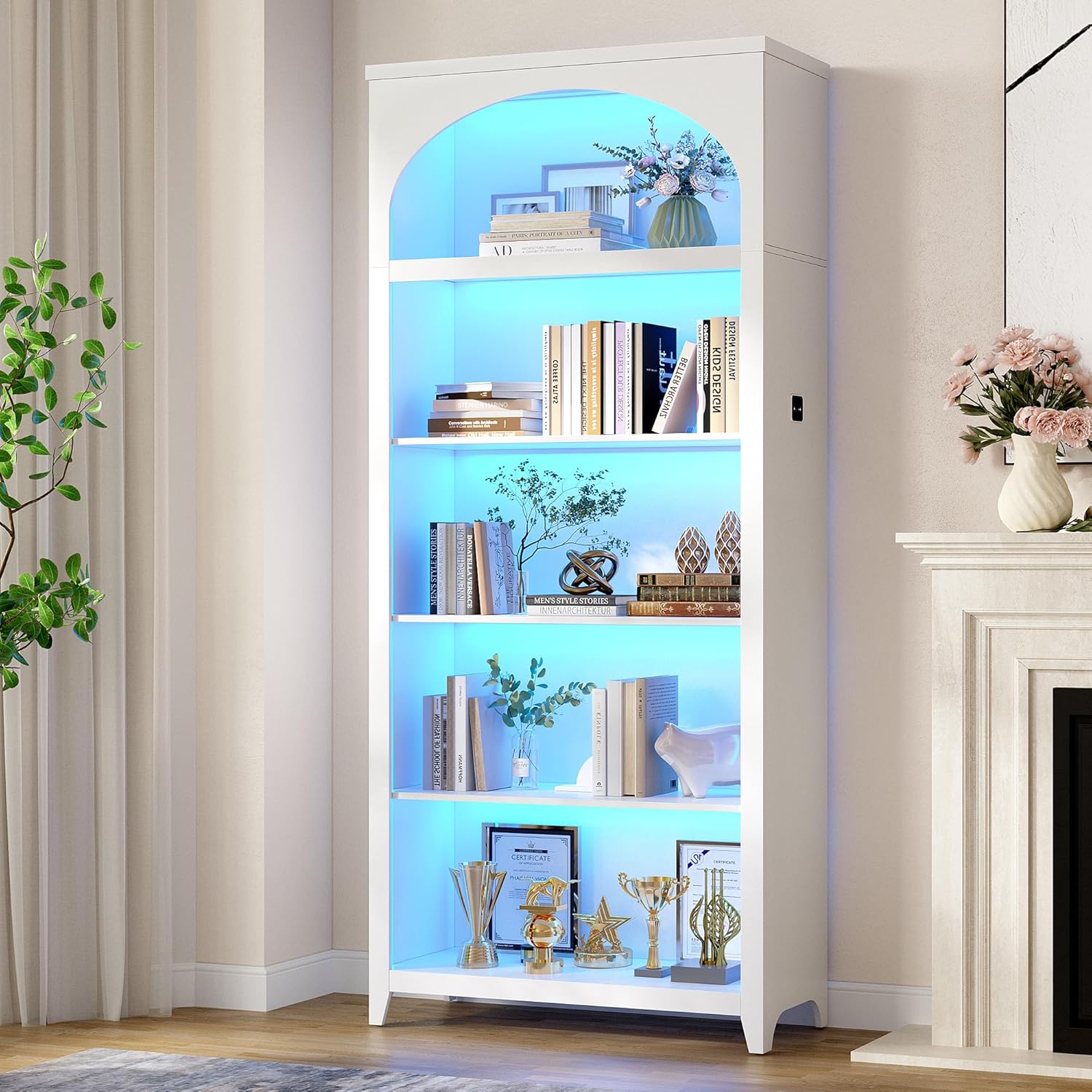 70" Tall Bookshelf with LED Lights, 5-Tier Modern Farmhouse Wood Bookcase with Arched Design, Sturdy Standing Shelf for Living Room, Bedroom, Office Library, White