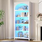 HWB Arch Bookshelf with LED Lights, 175cm Tall,Use for Office, Living Room | 3 Color Lights, 5 Tier Wooden Shelves, Open Storage, Human Body Sensor, Farmhouse Style