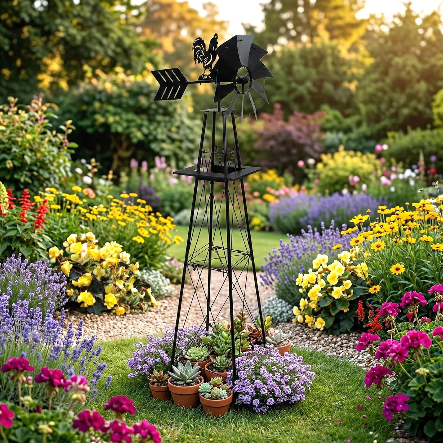 6FT Windmill for Yard, Garden Windmill with Rooster Weather Vane, Heavy Duty Outdoor Metal Wind Mills with Stable 4-Leg Base, Weather-Resistant Spinning Blades - Yard Art for Lawn & Garden (Black)