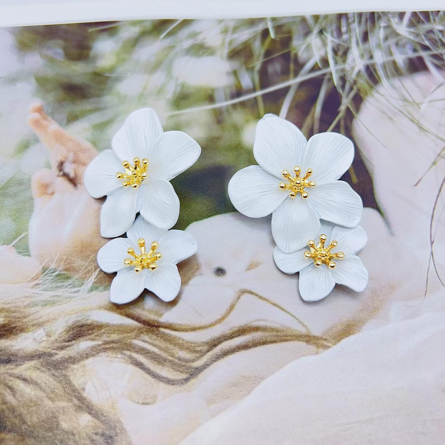 Flower Dangle Earrings Boho Layered Floral Petal Drop Earrings Statement Stud Earring for Women (White) - Image 5