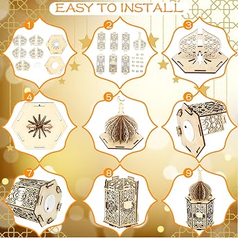 Rossesay 9 Pcs Eid Decorations Ramadan Lanterns with LED Lights Moon Hollow Eid Plaque Set Eid Mubarak Table Decor Muslim Wooden Hanging Lantern Night Light for Ramadan Kareem Party Decorations