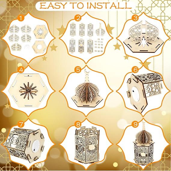 Rossesay 9 Pcs Eid Decorations Ramadan Lanterns with LED Lights Moon Hollow Eid Plaque Set Eid Mubarak Table Decor Muslim Wooden Hanging Lantern Night Light for Ramadan Kareem Party Decorations