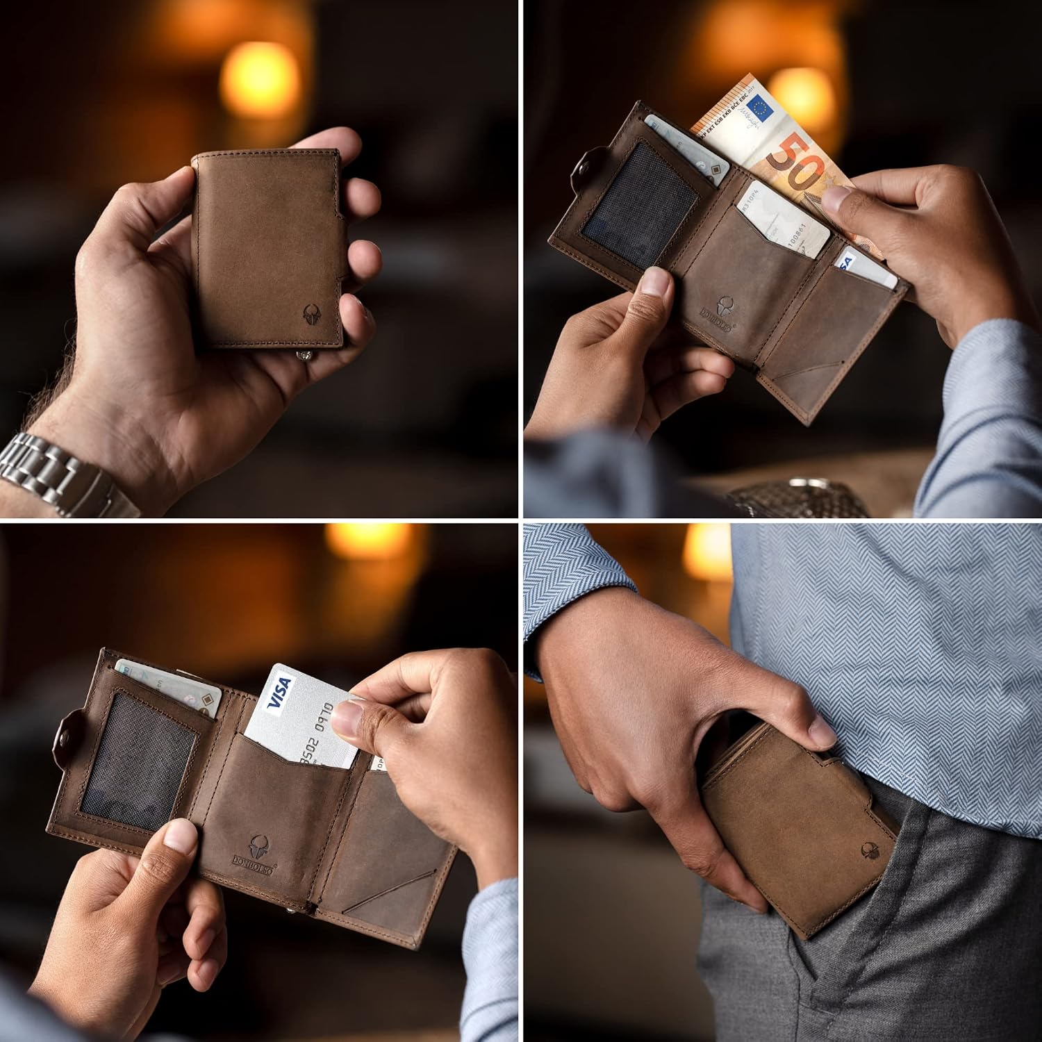 DONBOLSO NextGen Wallet, Vintage Brown Genuine Leather, Modern Slim Trifold Design Without Coin Pocket - Image 3