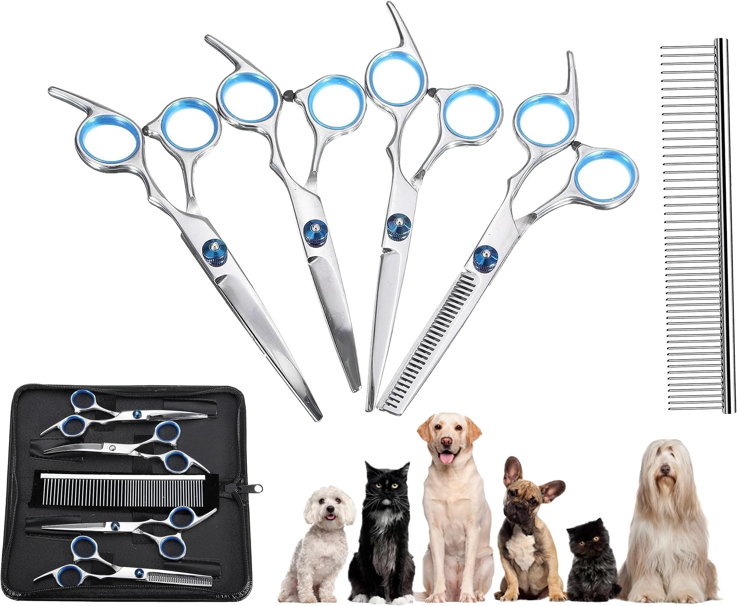 24x7 eMall 5 Pc Pet Grooming Scissors Kit With Carry Case And Comb, 1 Straight, 1 Texturing Thinning, 1 Upwards Curved, 1 Down Curved And 1 Comb All Stainless Steel, For Dogs And Cat, Set of 5