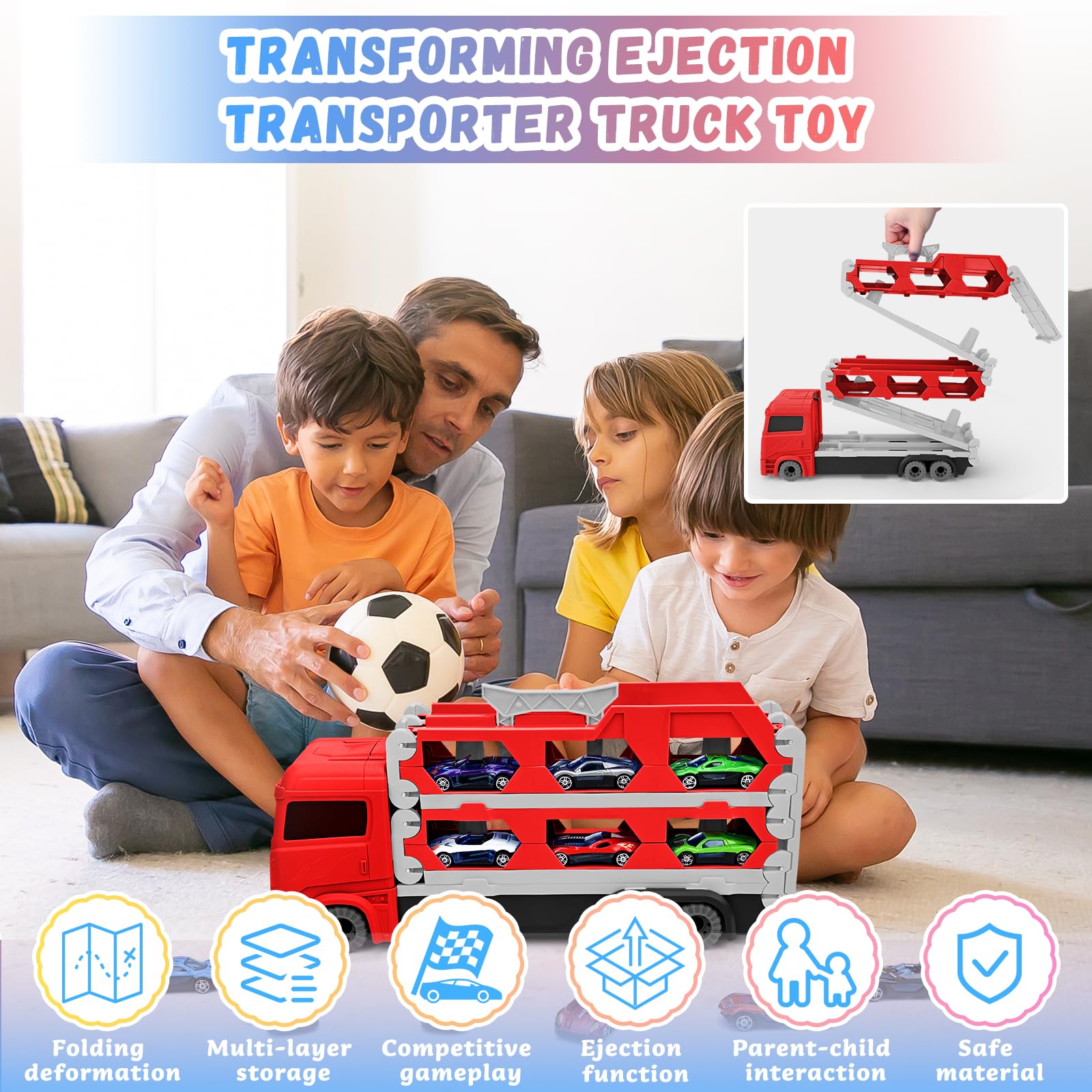 Cugybue Camion Giocattolo per Bambini,Auto Giocattolo Pista Portatile con 12 Auto da Corsa,Camion Macchinine per Bambini Set Giocattolo Veicolo di Trasporto,Rosso