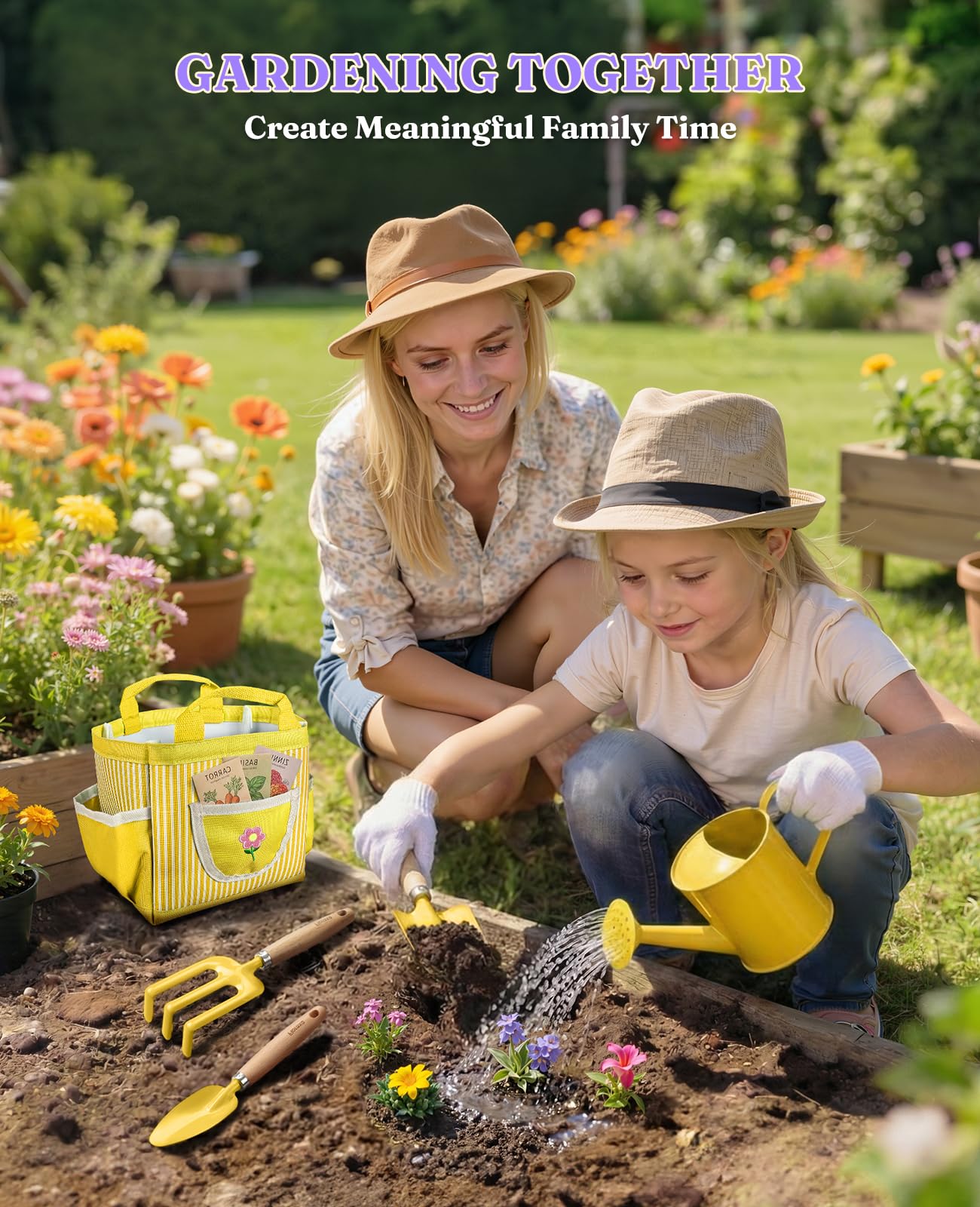 8-teiliges Garten-Set für Kinder mit Metallkorb – STEM-Outdoor-Set, ergonomische Holzgriffe, 3 Schaufeln, Rechen, Gießkanne, Handschuhe – Geschenk für Kleinkinder (Jungen & Mädchen), Gelb