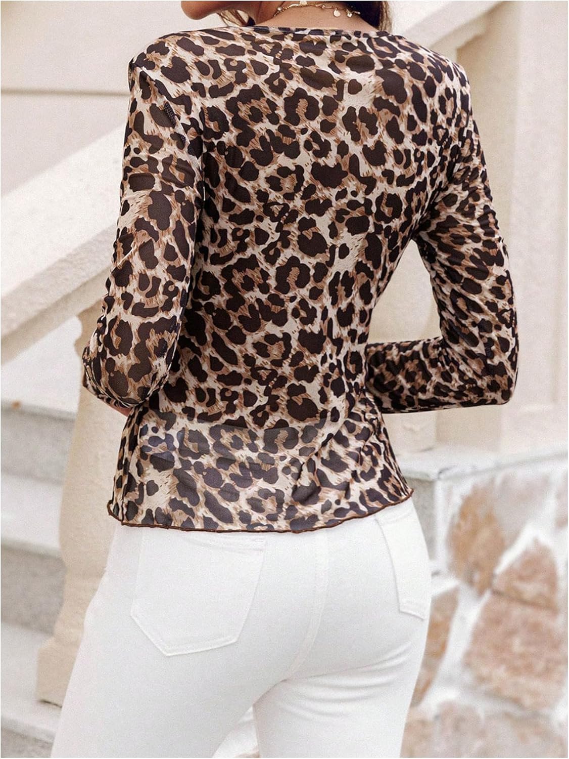 OYOANGLE Women's Leopard Print Tops Long Sleeve Drawstring Front Ruched Y2K Cheetah Sheer Tops - Image 3