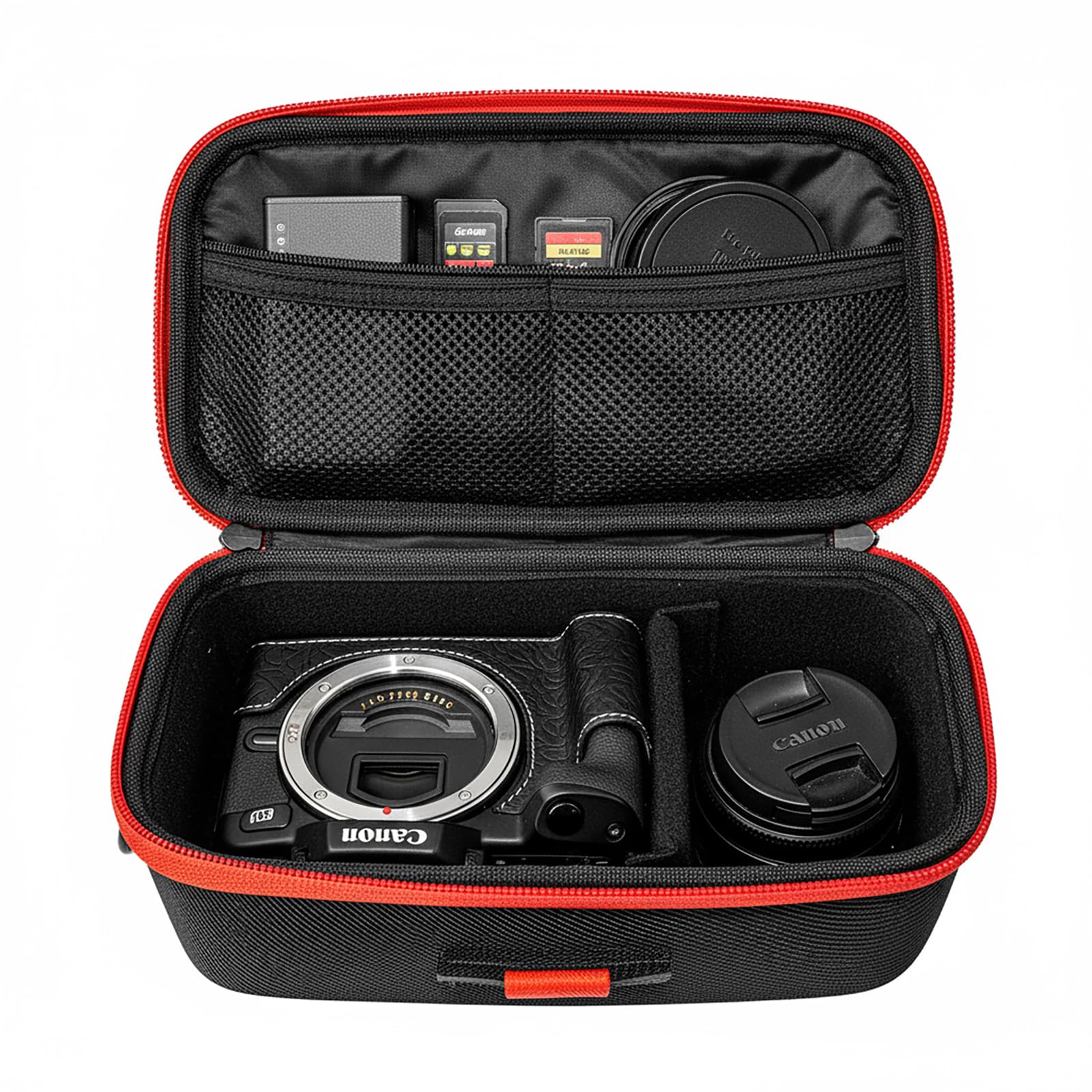 Custodia rigida per il trasporto compatibile con fotocamere reflex Canon EOS Rebel R100 / R50 / T7 / R5 / R6 Mark ll / R7 / R8 / 90D / 5D Mark IV, obiettivo 18-55 mm, scheda SD, batteria e cavo