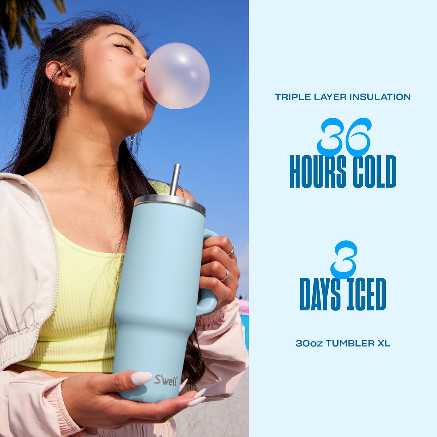 S'well Recycled Stainless Steel Tumbler XL with Straw and Handle, 30oz, Powder Blue, Triple Layered Vacuum Insulated Container Keeps Drinks Cold 36 hours and Hot for 9, BPA Free - Image 2