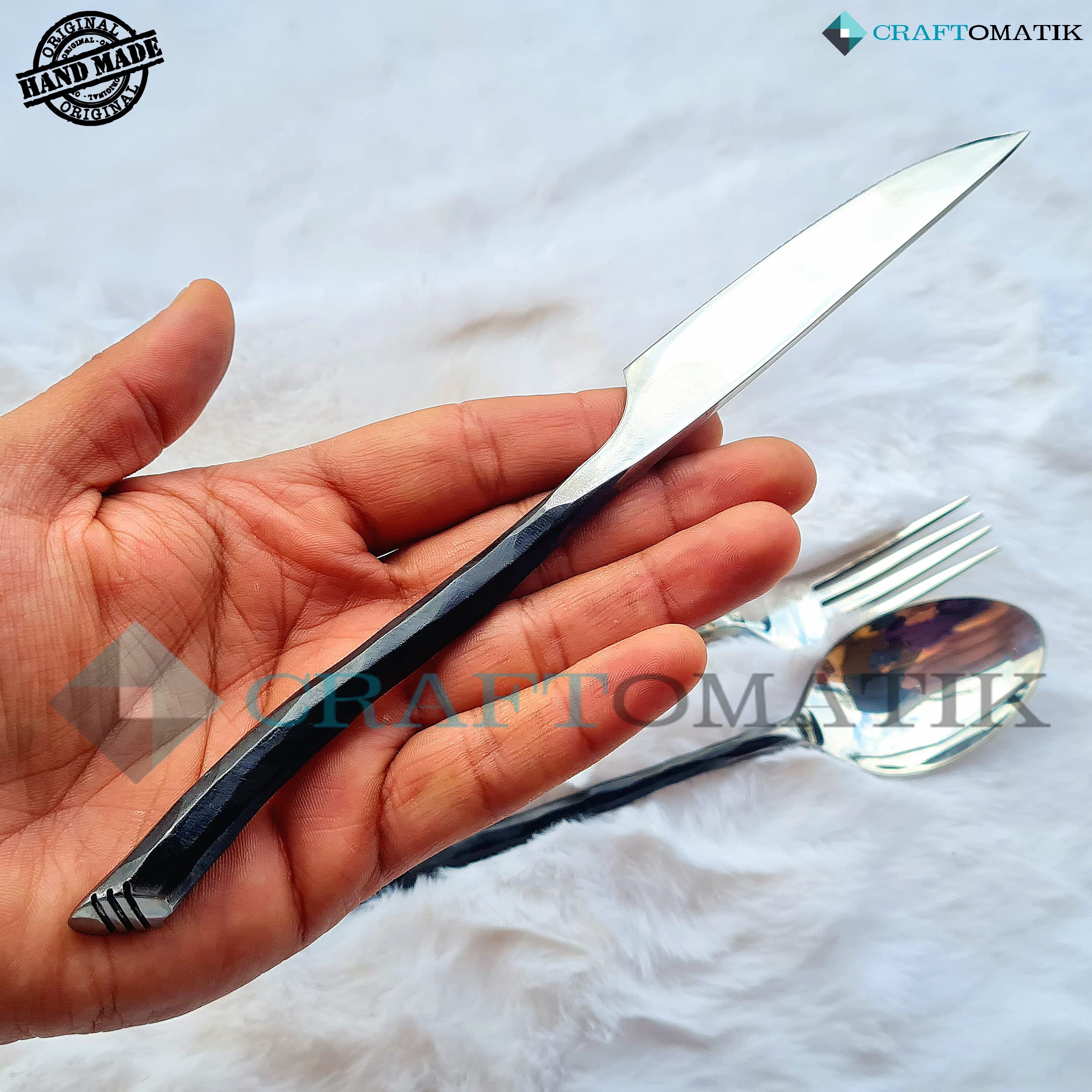 Handgeschmiedetes Besteckset im Mittelalterlichen Stil | 3-teilig (Messer, Gabel, Löffel) mit Ledertasche | Küche, Camping & Grill Geschenkset | HFTC04x