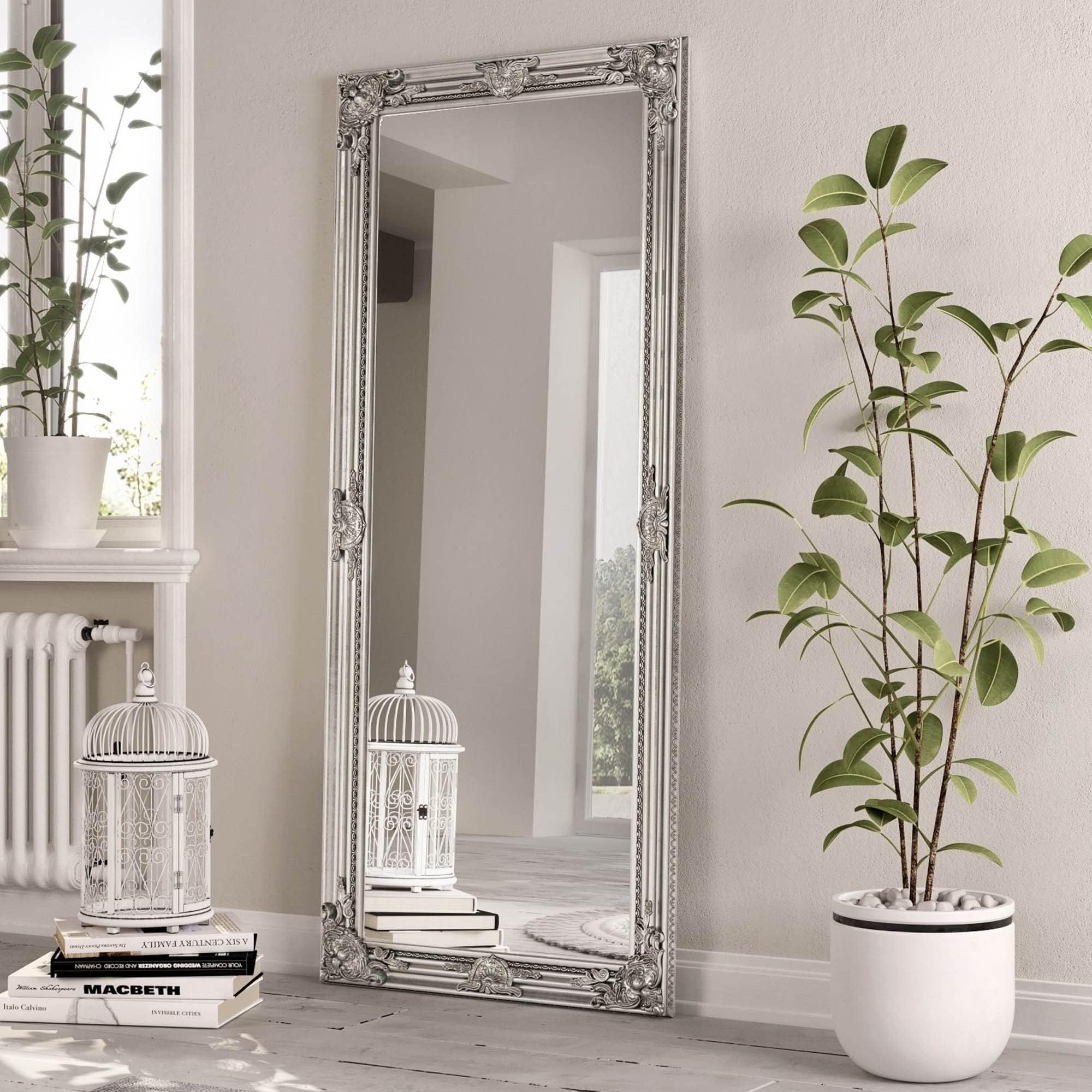Homesdirect365 Antique French Style Silver Leaner Mirror | Ornate Detailing & Silver Frame | Free Standing Mirror | Full Length Mirrors for Bedroom | Free Standing Full Length Mirror | Ornate Mirror