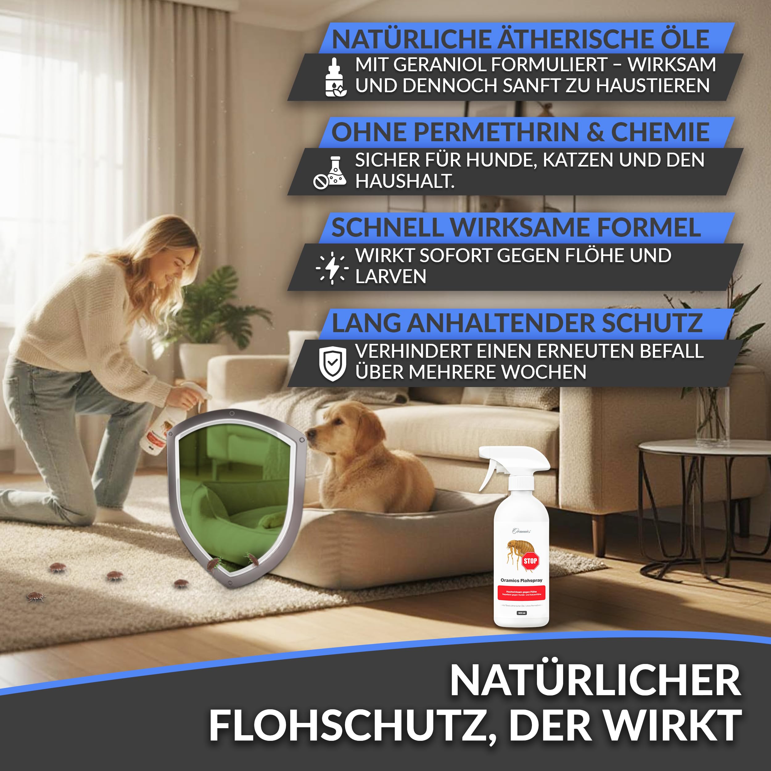 Oramics Flohspray für Wohnung & Möbel – Effektives Umgebungsspray gegen Flöhe, Zecken & Milben – Langzeit Ungezieferspray & Flohmittel für Katzen- & Hunde-Zubehör (Sofortwirkung)