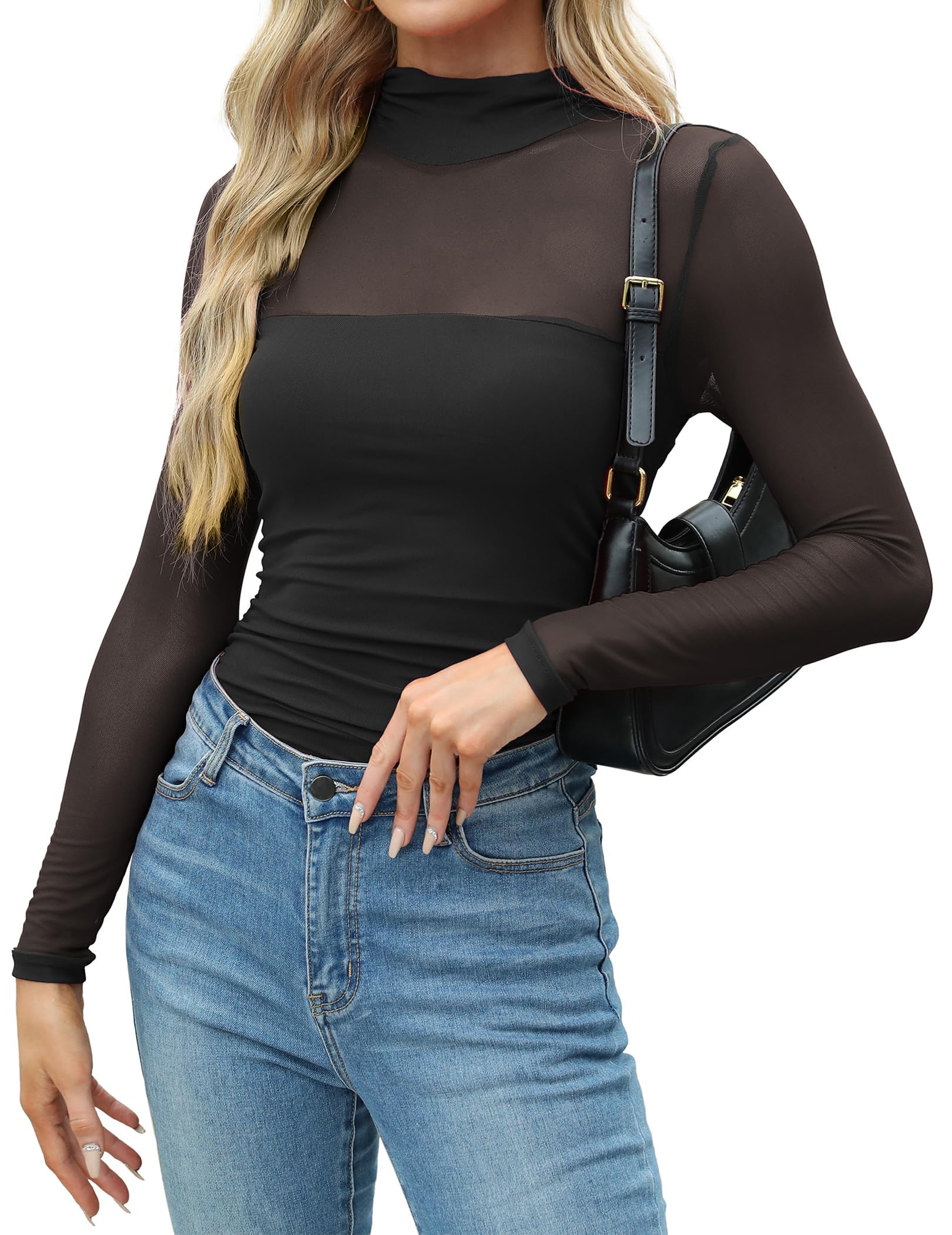 Zeagoo Koszulka damska z siateczki, przezroczysta, okrągły dekolt, siatka, koszulka z długim rękawem, seksowna koszulka na imprezę, slim fit, koszulka z długim rękawem, do klubu