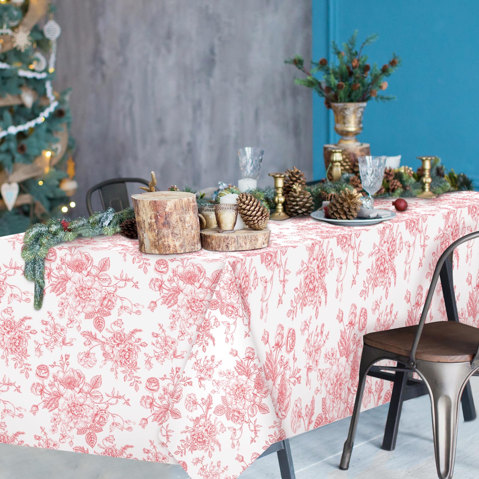 FuWeave 3 manteles desechables de flores rosas, centro de mesa de plástico, decoración de Navidad para cocina, jardín, fiesta de té, hogar, 137 x 274 cm