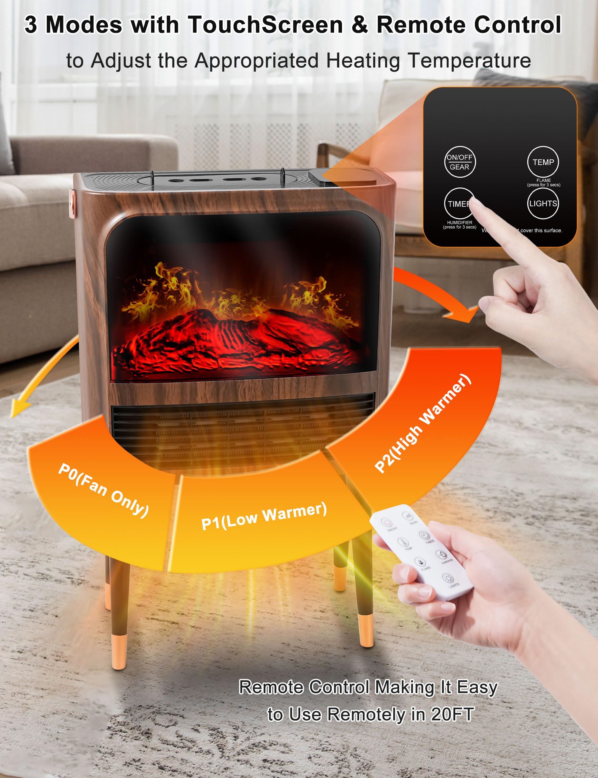 Calentador de chimenea eléctrico con llama realista 3D, humidificador, termostato, protección de seguridad, control remoto, temporizador, calentador de espacio eléctrico, calentador de chimenea 7