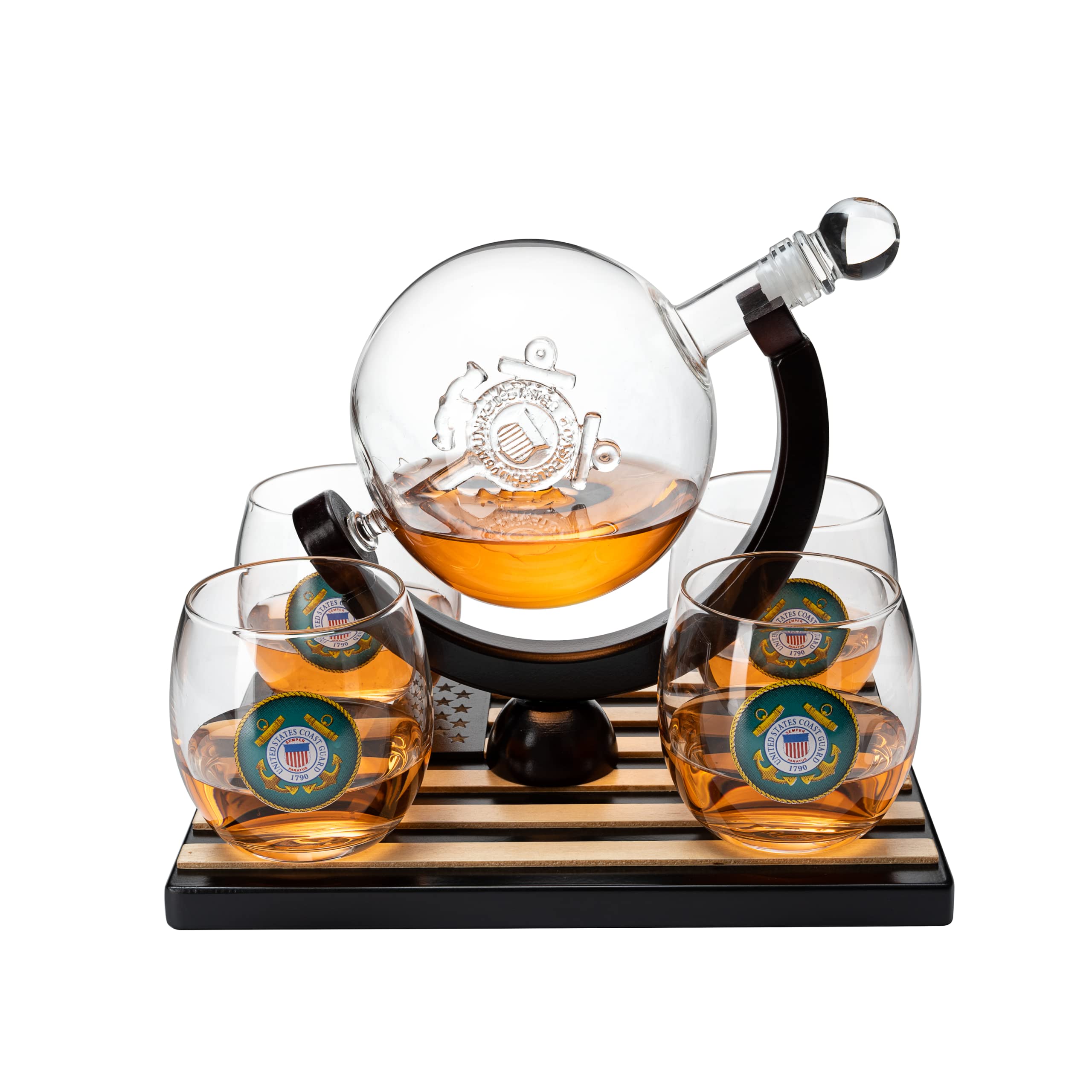 U.S. Coast Guard Globe Whiskey Decanter Set with 4 Liquor Glasses - Wood Flag Base, Coastguard Veteran Gift Set - Gifts for Men, Father, Dad, U.S.A Flag - Bourbon & Scotch Military Patriotic Bar Decor