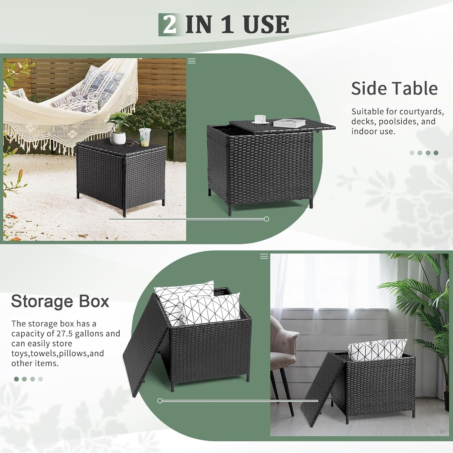 Outvita Outdoor Side Table, Rattan Coffee Table with Storage 27 Gallon Patio Small Deck Storage Box for Cushion Towel Books, Brown Side Table with lid