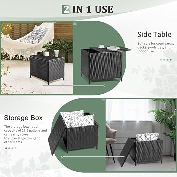 VINGLI 27 Gallon Outdoor Deck Box, Wicker Outdoor Storage Box with Lid, Small Storage Bin Container for Outside and Patio, Patio Rattan Side Table for Yard Porch (Black, Square)