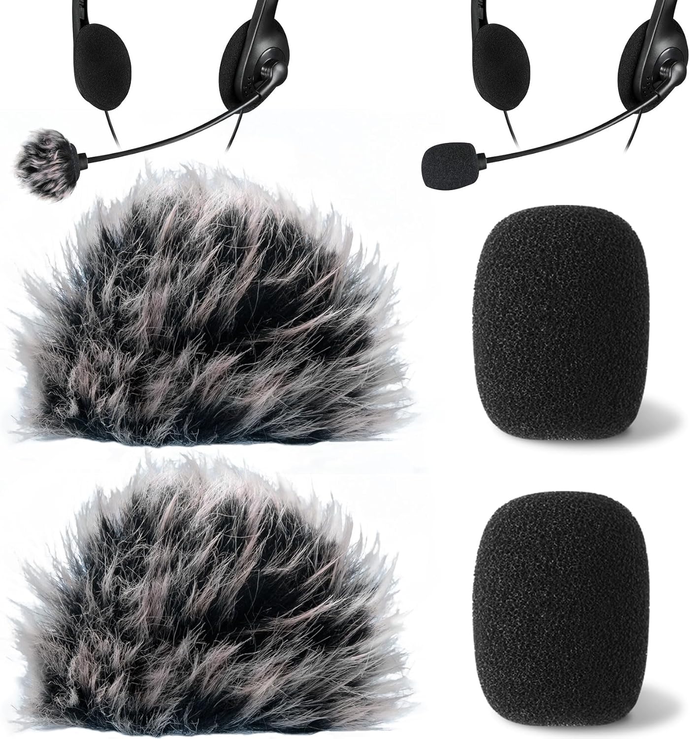 PAGOW 4 Pcs Mini Foam Microphone Windscreens ＆ Furry Cover, High Density Mic Headset Cover, Lapel Microphone Windscreen for Lavalier Microphones Noise Reduction (2pcs Foam + 2pcs Furry)