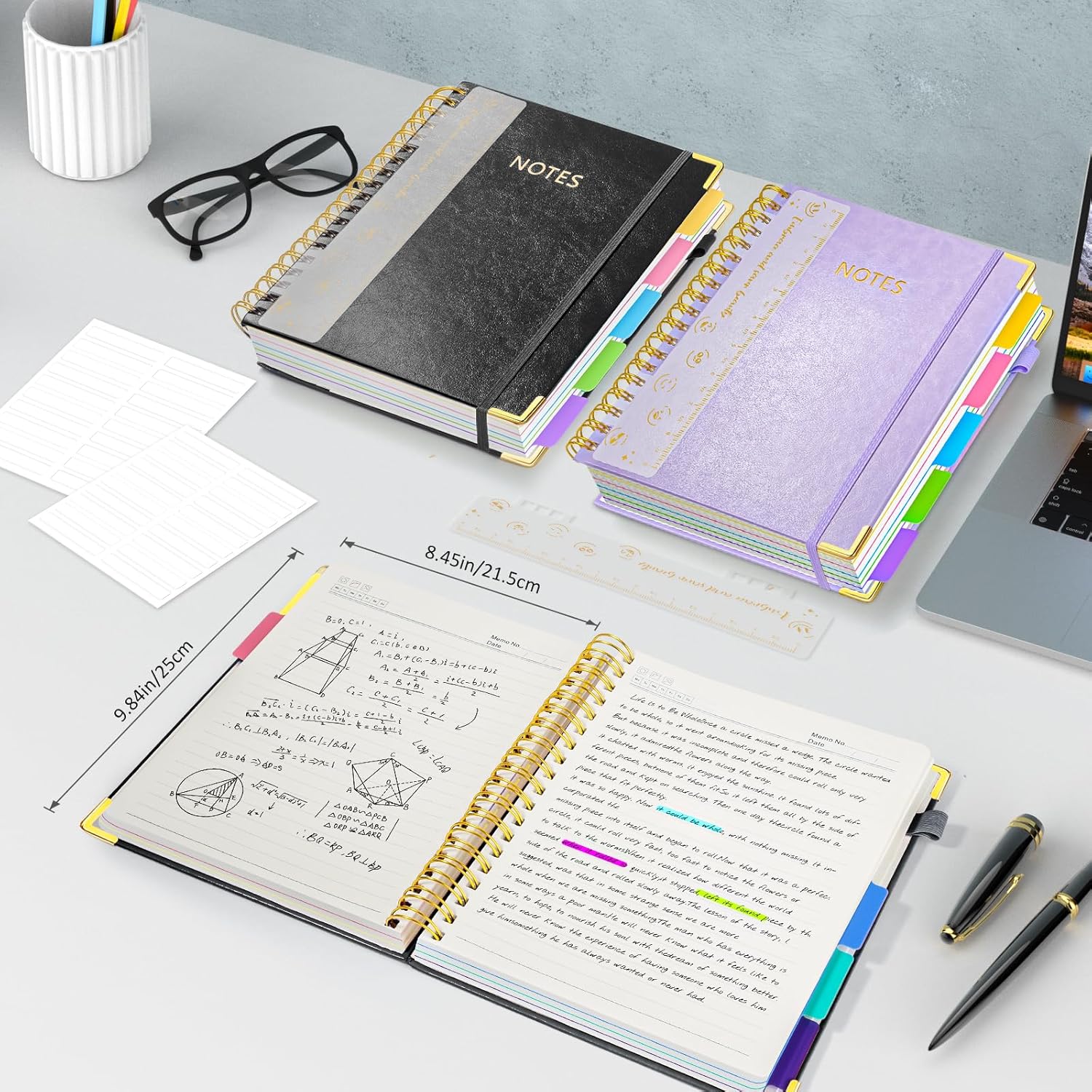 Hardcover Spiral Notebook Journal, 8"x10" Large B5 Notebooks with Removable Dividers Tabs, 300 Pages Leather 5 Subject Notebook College Ruled, Journal for Work School Note, 100 GSM Thick Paper,Black - Image 2