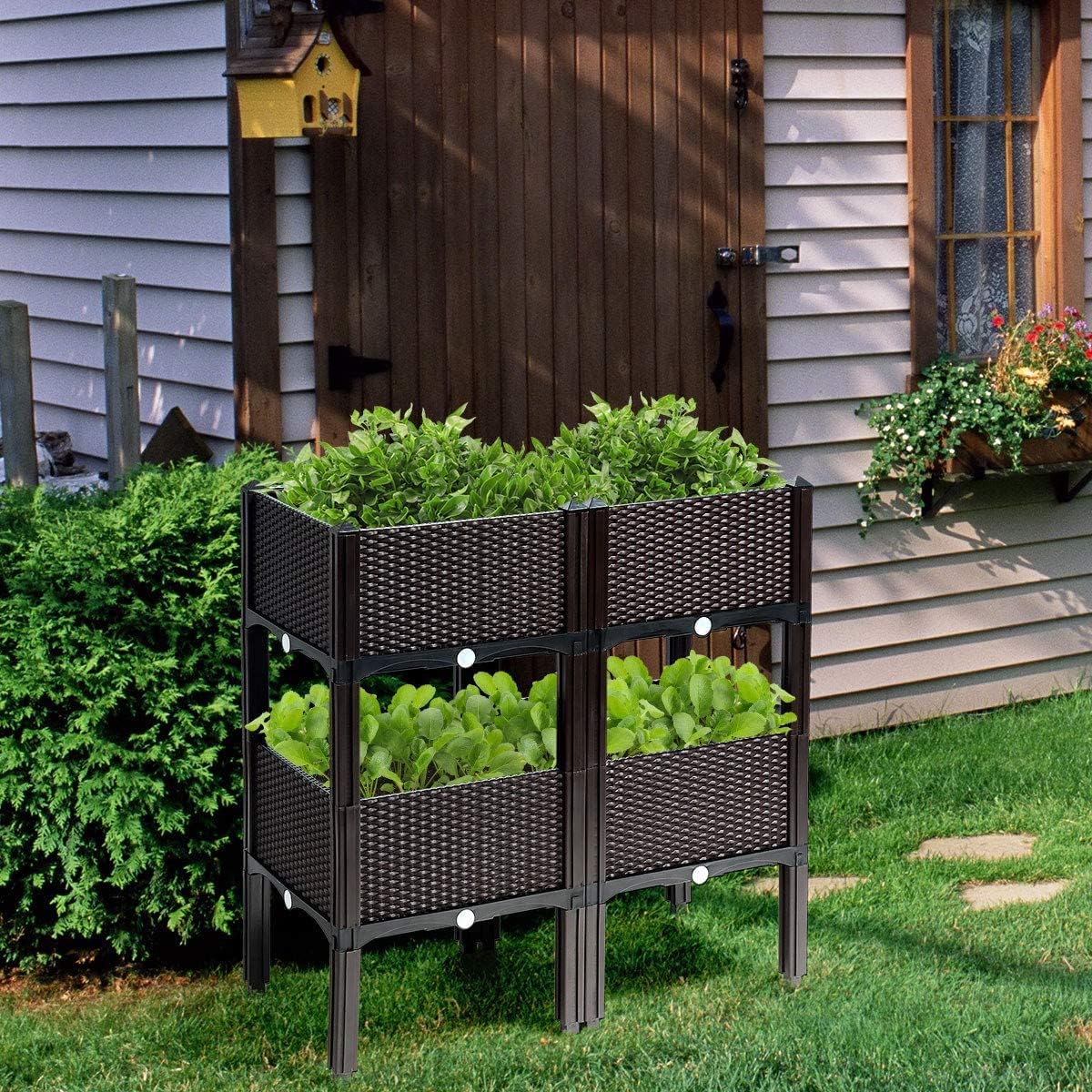 GRAFFY Set of 4 Raised Garden Bed Kits, Elevated Garden Beds with Self-Watering Design, Raised Garden Boxes for Flowers Vegetables and Herbs, Planting Box Container for Patio Yard Balcony (Brown)