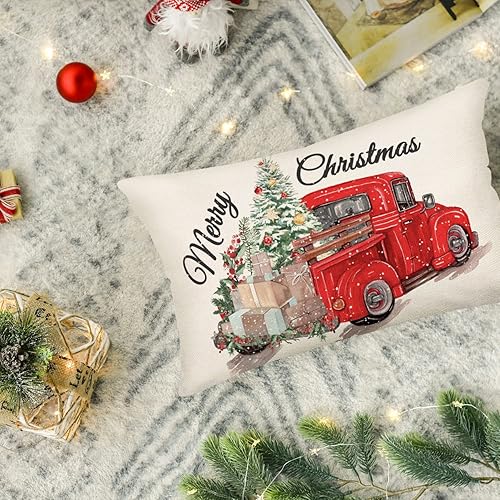 Miniatura 5 de Funda de cojín decorativa de algodón y lino con diseño de camión rojo con árbol de Navidad, regalo de Feliz Navidad, 12 x 20 pulgadas, diseño de