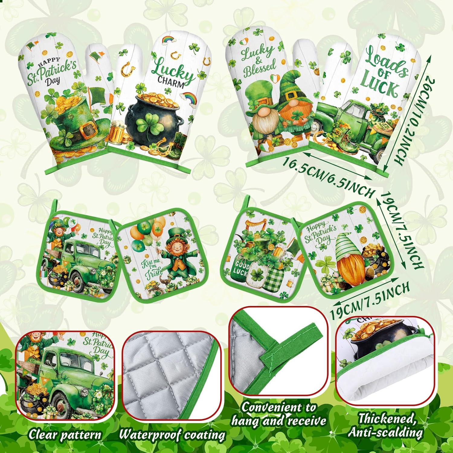 12 Pcs St. Patrick's Day Kitchen Towels Pot Holders and Oven Mitts Set 4 Green Clover Dish Towels 4 Shamrock Leprechaun Coins Oven Mitts 4 Gnomes Potholders for Xmas Dish Baking Decorative - Image 3