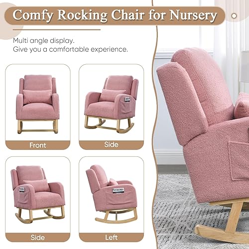 Miniatura 6 de Antetek Silla mecedora para guardería, silla basculante con respaldo alto tapizada con respaldo alto con bolsillos laterales, sofá individual