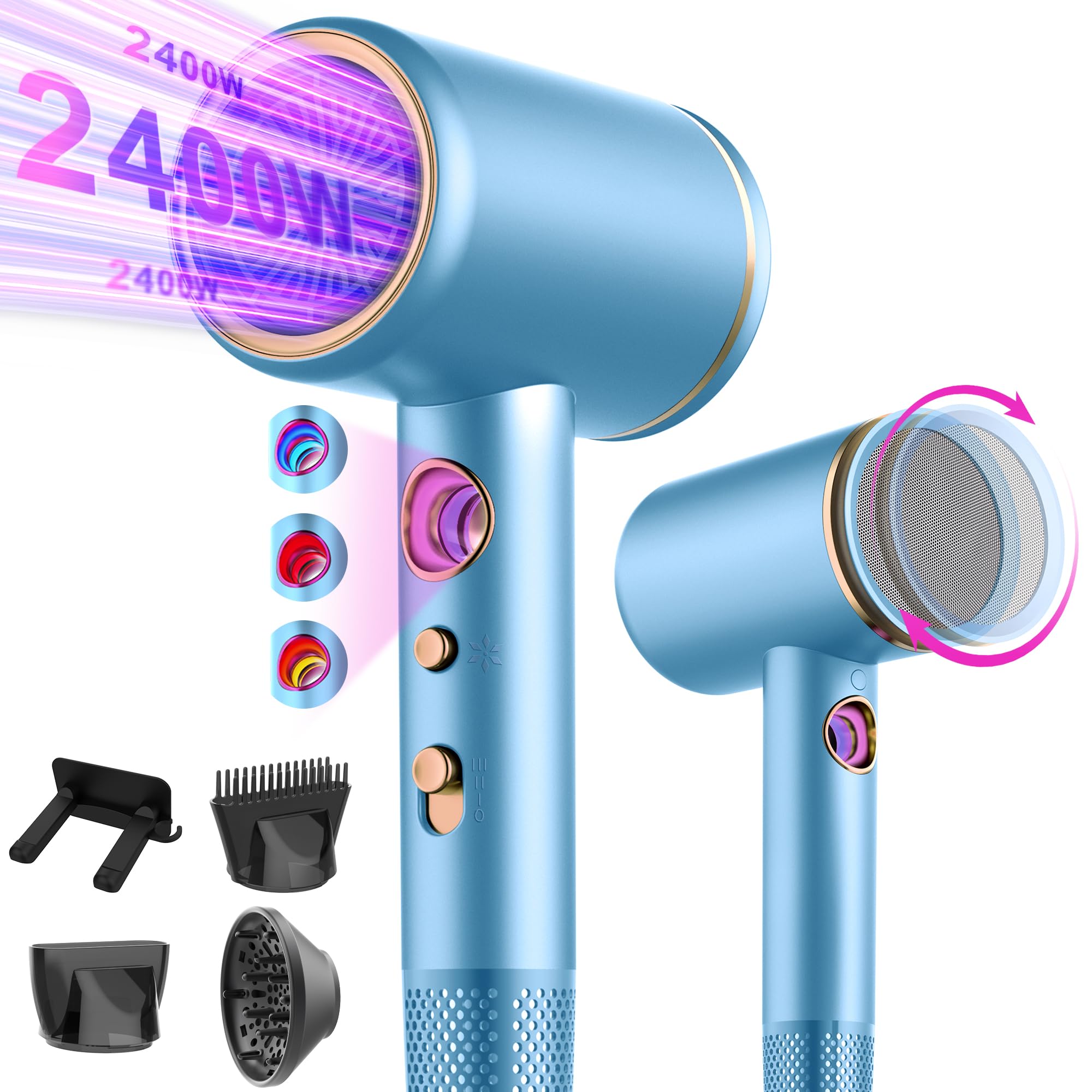 Tisoutec Asciugacapelli Ionico Phone per Capelli professionale Ioni AC Motore Phon Capelli 2400W,phon da viaggio diffusore|phon 4-in-1|pulsante aria calda/fredda|3 livelli+3 velocità|asciugacapelli Blu Marino
