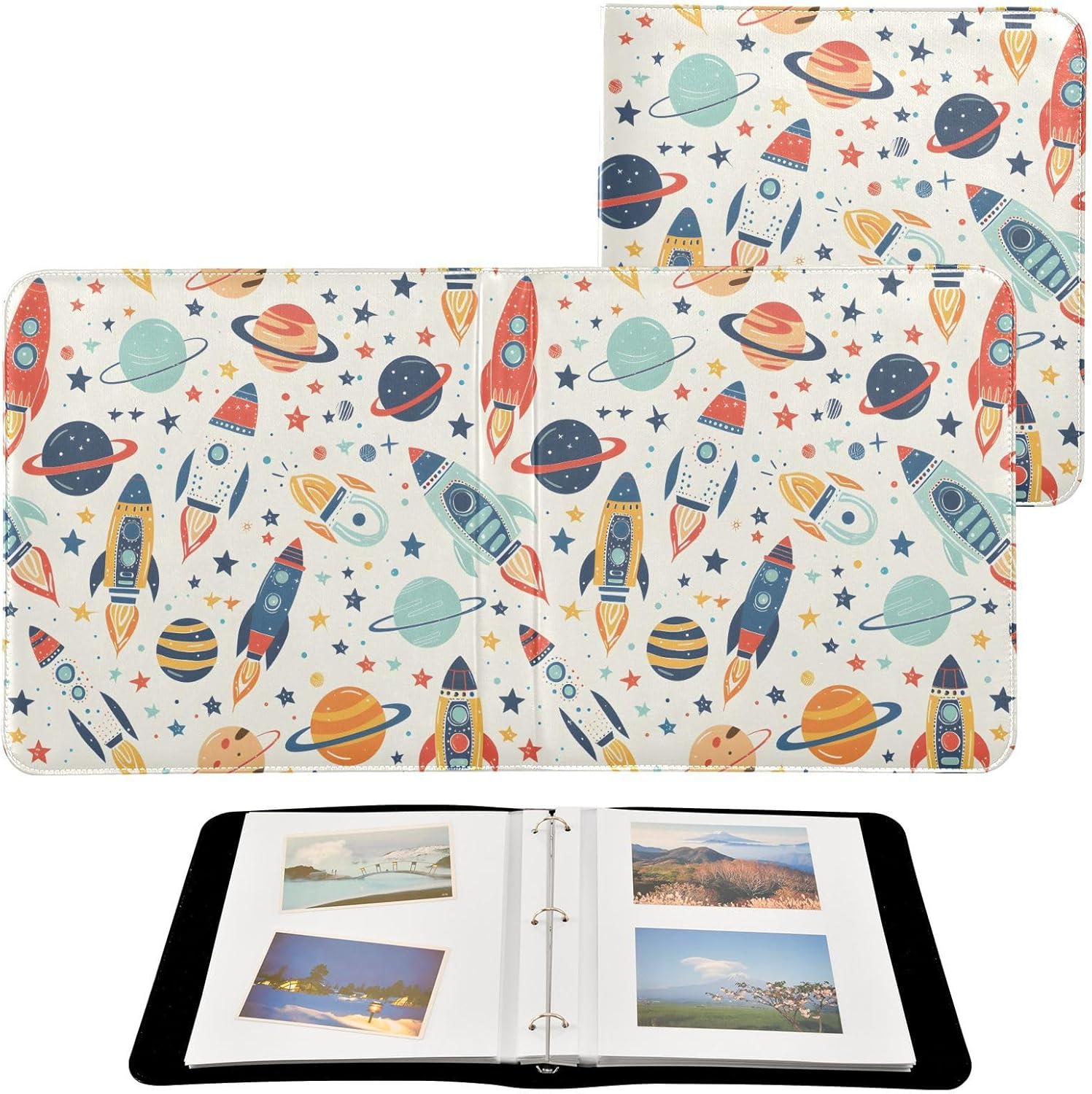 JIPONI Cute Rocket Planets Large Photo Album, DIY Leather Cover Scrapbook Albums for 4x6 5x7 6x8 Pictures, Self Adhesive Memory Book for Wedding, Baby, Family