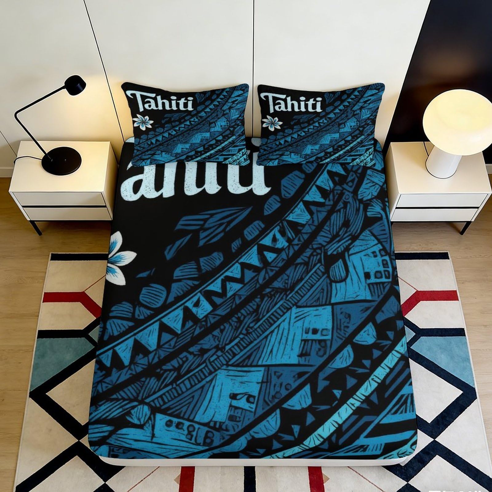 3D Printed Polynesian Tribal Fitted Sheet Microfiber Soft Blue Tahiti Pattern Mattress Cover for Bedroom Guest Room Decor 180x200x25cm