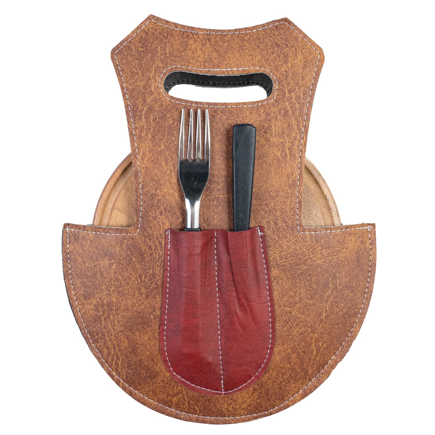 Set Arrosto Barbecue Ancora con Tagliere Legno Coltello Forchetta Artigianale Argentino (Rotondo Marrone con Rosso)