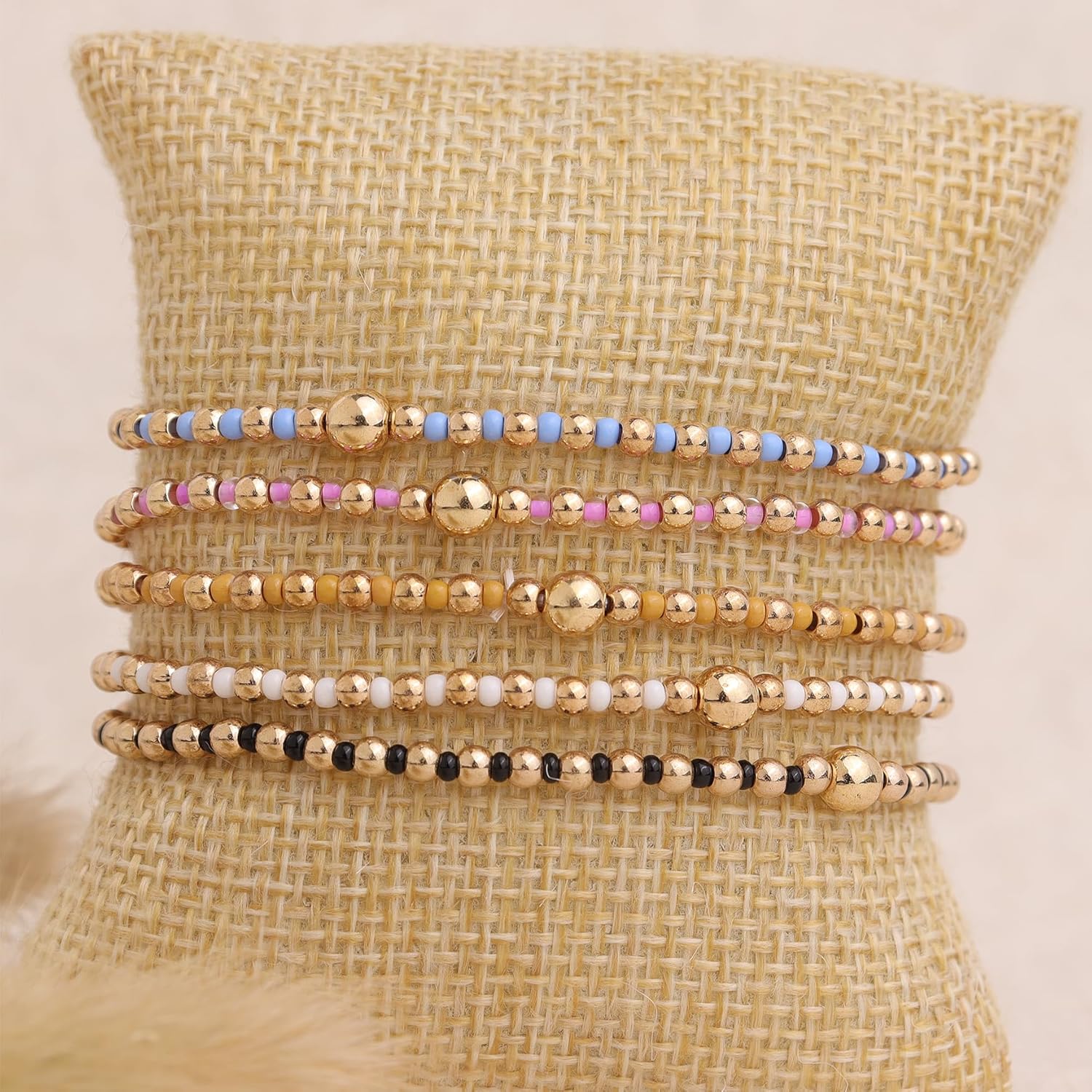 Gold Beaded Stackable Friendship Bracelets Set for Women, Handmade Boho Stretch Summer Jewelry Gift. - Image 7