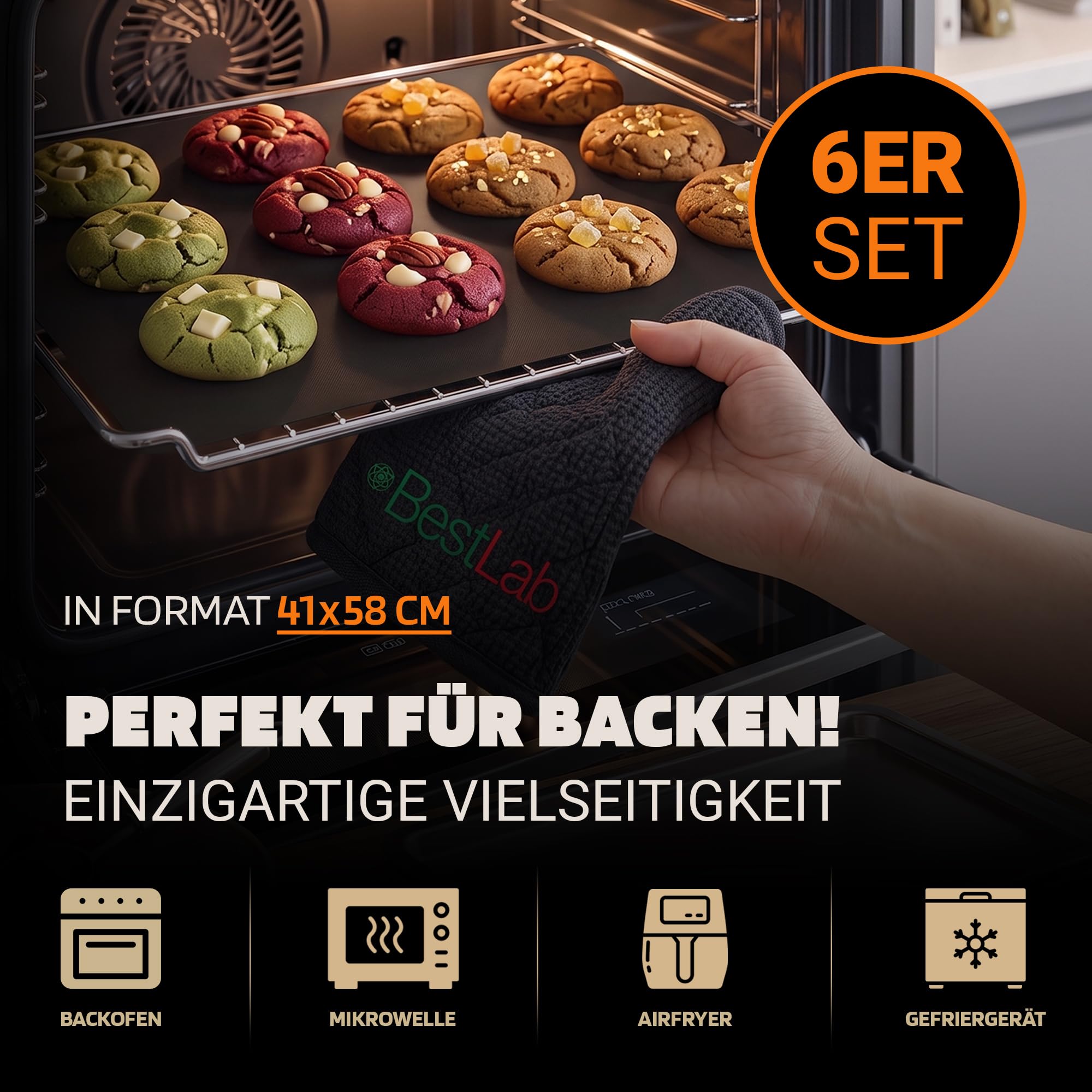 [Test molto buono, nota 1.0 *] Set di 6 tappetini da forno Bestlab per forno 41 x 58 cm, pellicola da forno in silicone come carta da forno e accessori da forno per airfryer, microonde, teglia da