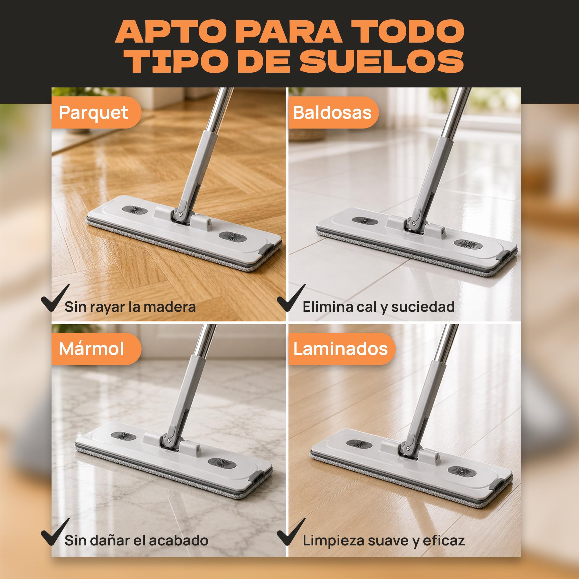 Mopa Fregona con Cubo Escurridor Doble, Sistema Separado de Agua Limpia y Sucia, Cubos Desmontables, 2 Mopas Microfibra, Fregona Plana para Todo Tipo de Suelos